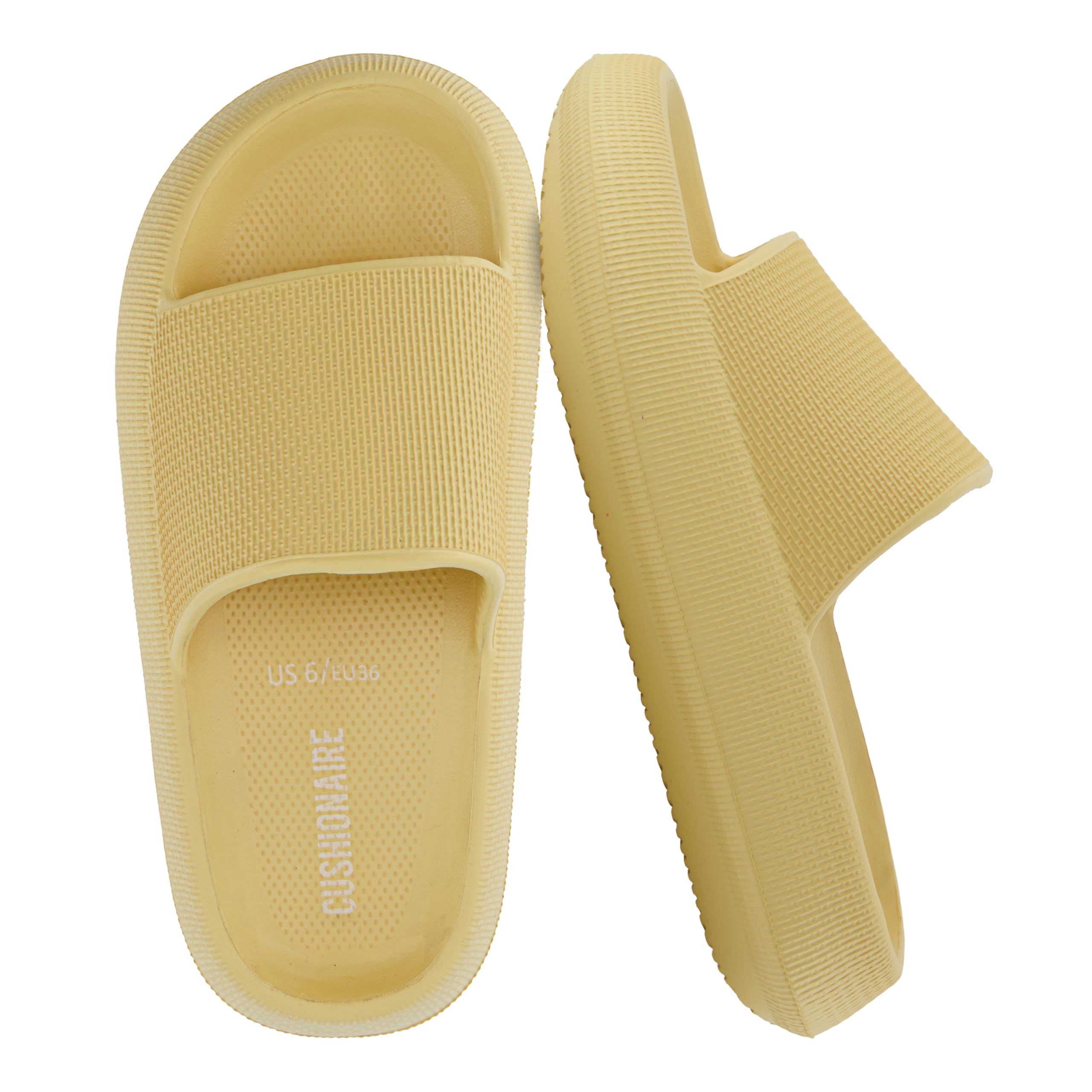 CUSHIONAIRE Feather EVA Slides for Women – Comfortable Slip On Womens Slippers, Indoor Outdoor Shower Shoes, Beach Essential Cloud Slides