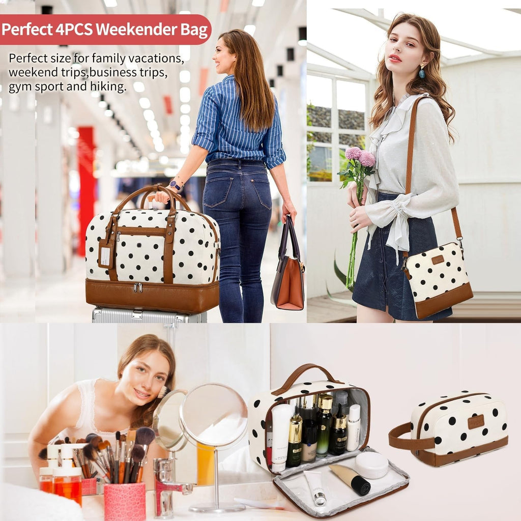 Wogarl 4PCS Weekender Bags for Women Large Overnight Weekend Travel Duffel Carry on Shoulder with Shoe Compartment Canvas Toiletry Bag for Travel Business Gym