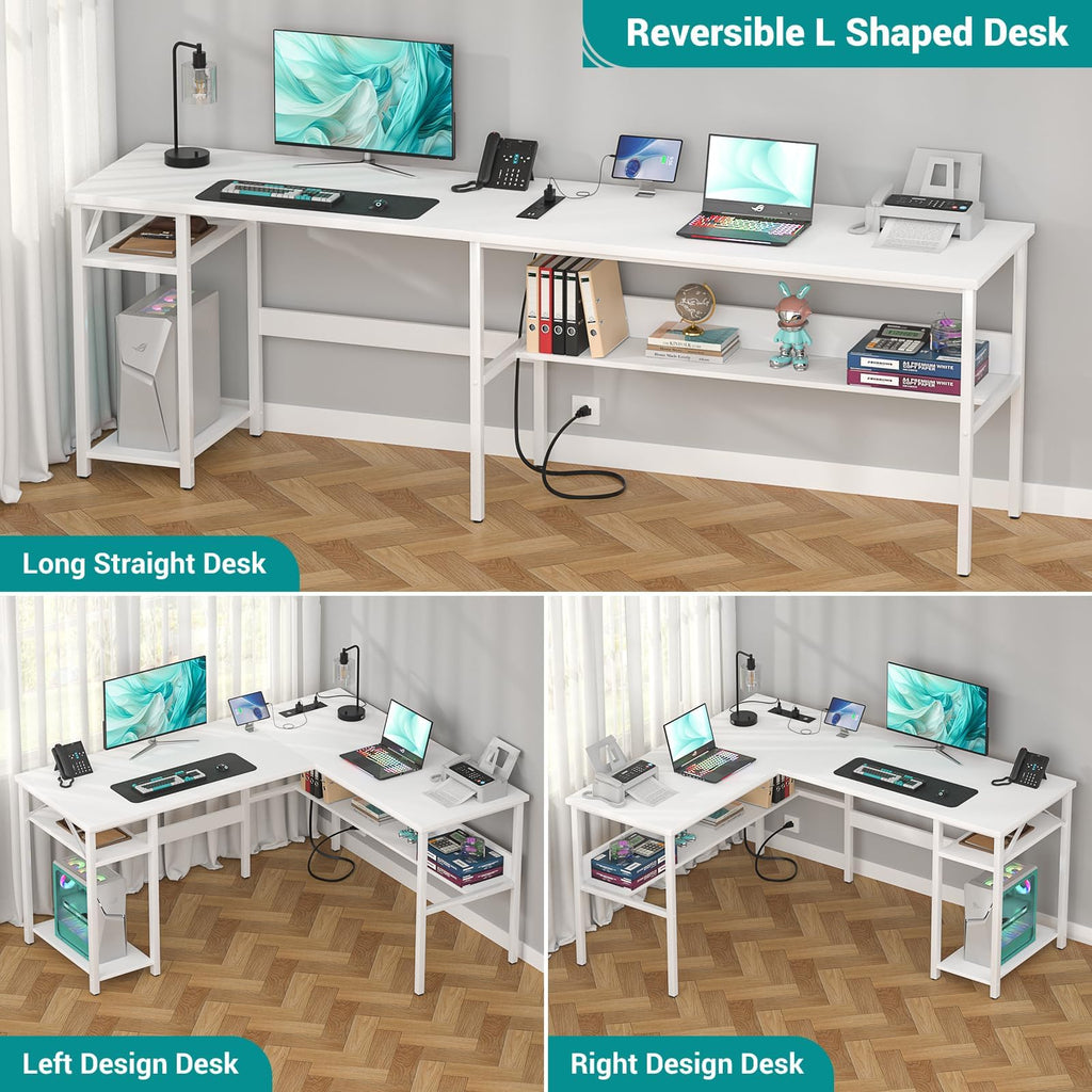Reversible L Shaped Gaming Desk with Power Outlets and USB Charging Ports, Sturdy Computer Desk with Storage Shelf, Modern Corner Desk Home Office Table, Easy to Assemble, Gray Oak