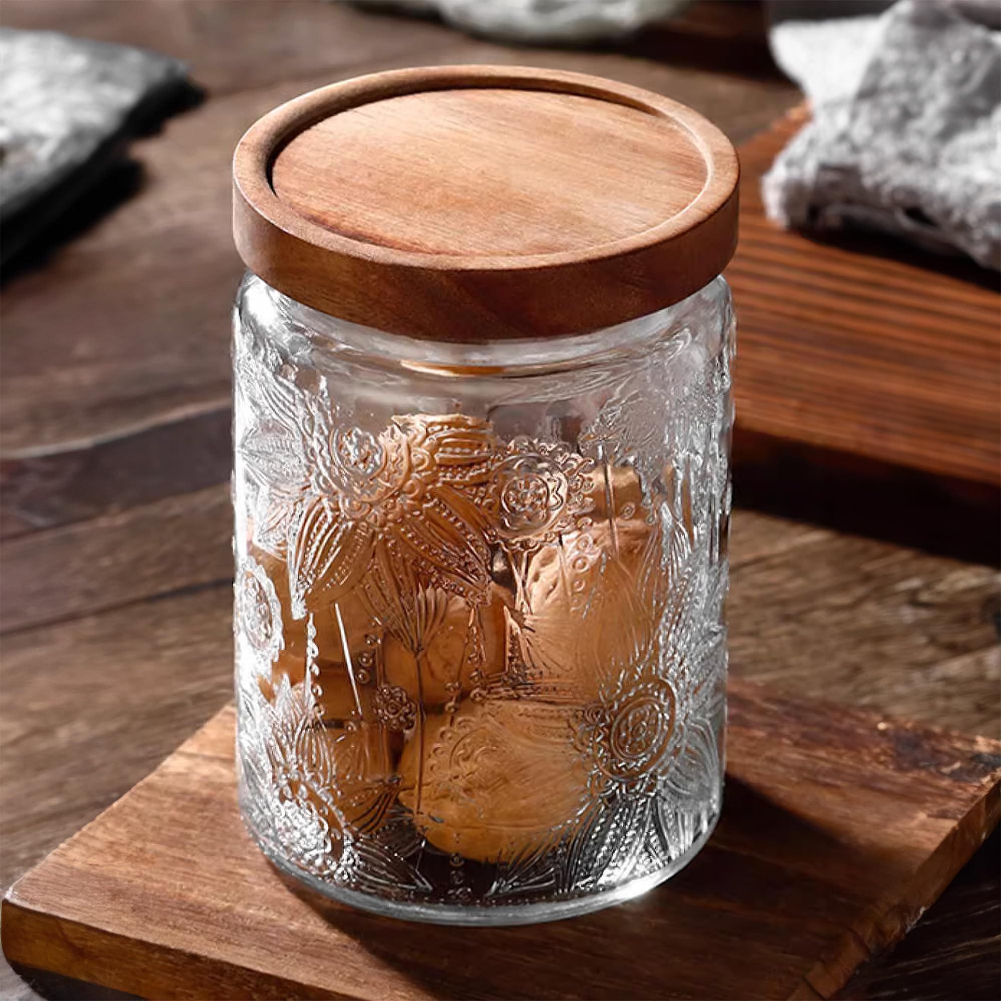 Custde Glass Storage Jars With Airtight Lid, 23.7oz Container For Kitchen Counter with Wooden Lid, brown sugar, candy, coffee, cookie, salt, tea, cute Jar (35oz Large Begonia Flowers)