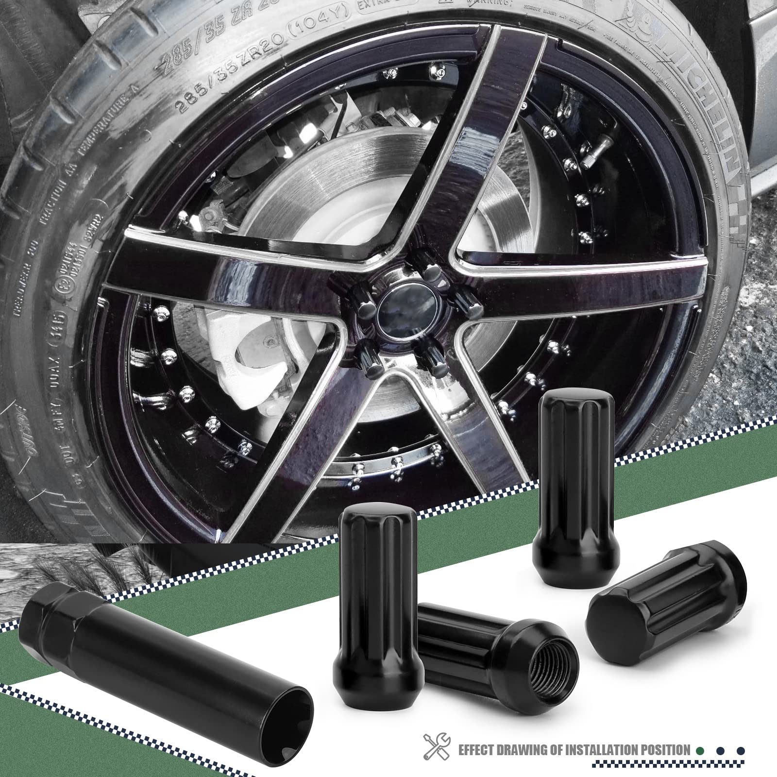 9/16-18 Spline Lug Nut 32pcs for Dodge 2500 3500 8 Lug, 9/16 x18 Closed End Lug Nut with 1 Socket Key for 1994-2011 Ram 2500 3500, 2002-2010 Ram 1500 Aftermarket Wheel
