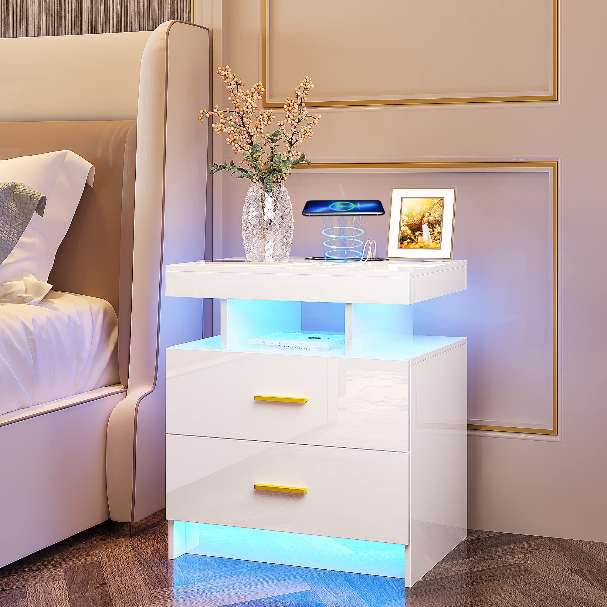 HNEBC LED Nightstand with Charging Station,Smart Bedside Table with Motion Sensor Lights,3 Drawers,Tempered Glass Top,High Gloss End Table with 3 Color Lights for Bedroom, Living Room,Office-Black