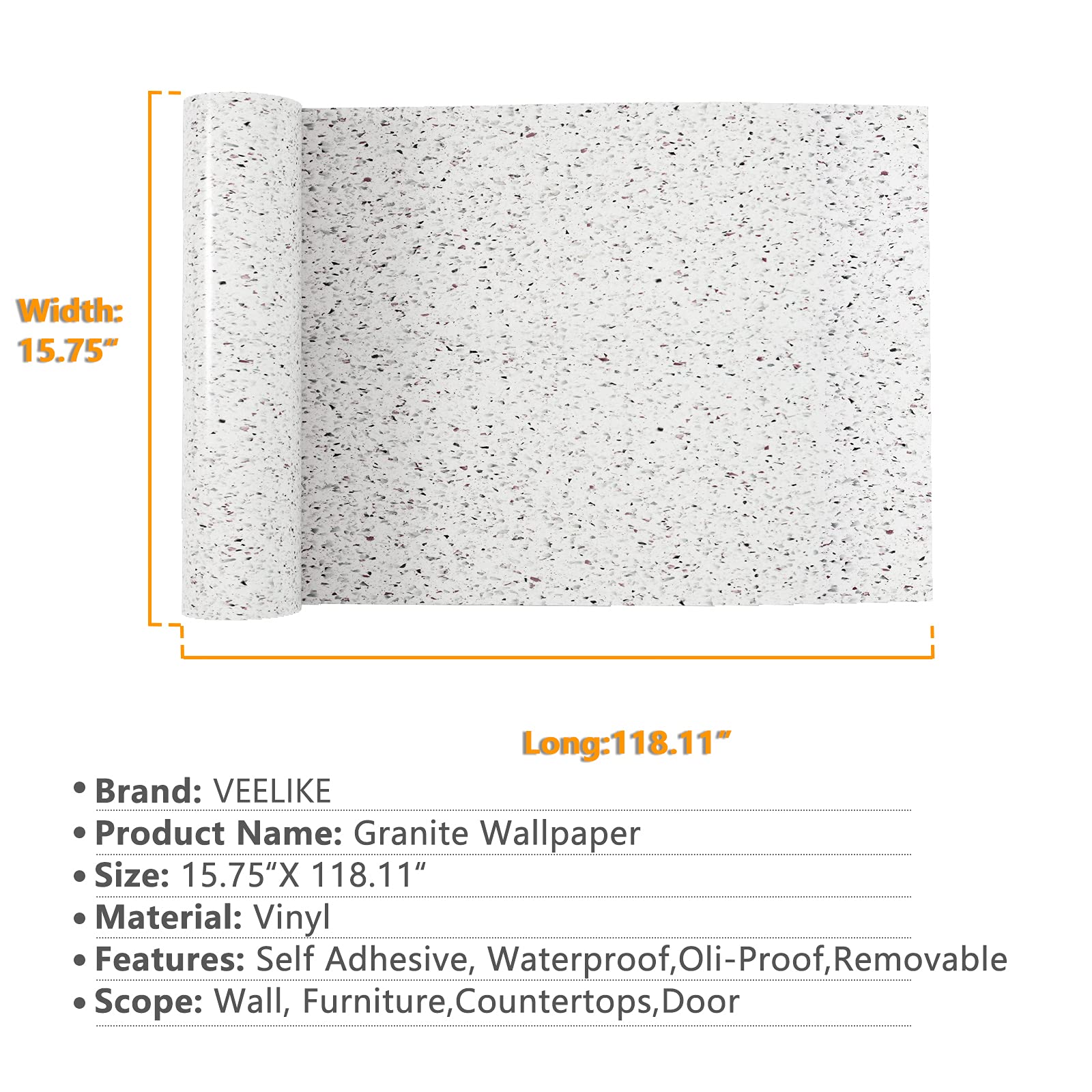 VEELIKE 15.7''x118'' Granite Contact Paper for Countertops Waterproof Self Adhesive Granite Wallpaper Peel and Stick Countertops for Kitchen Bathroom Counter Top Removable Decorative Vinyl Film