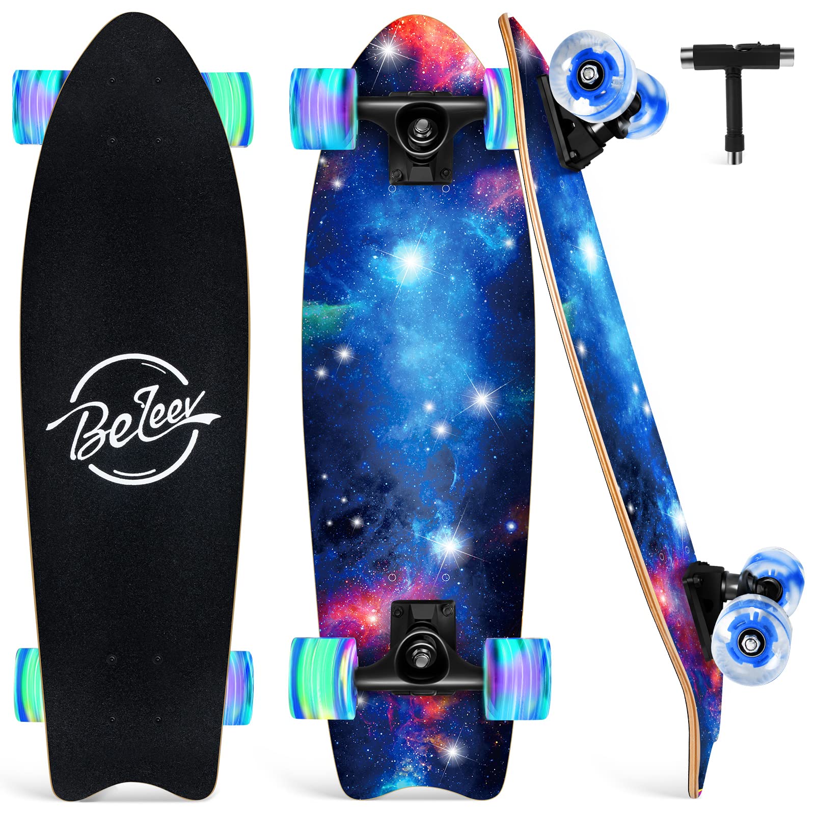 BELEEV Cruiser Skateboards for Beginners, 27 x 8 inch Complete Skateboard for Kids Teens Adults, 7 Ply Canadian Maple Double Kick Deck Concave Skateboard with Skate T-Tool