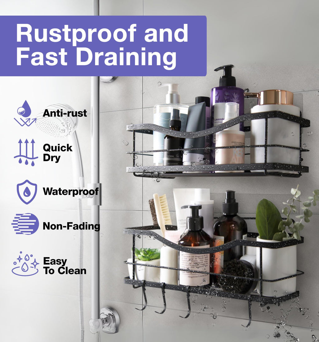 KINCMAX Premium Shower Caddy, Self Adhesive Shower Organizer w/ 4 Hooks, No Drill Shelves for Inside Shower, Rustproof Stainless Steel Shower Rack for Bathroom, Matte Black
