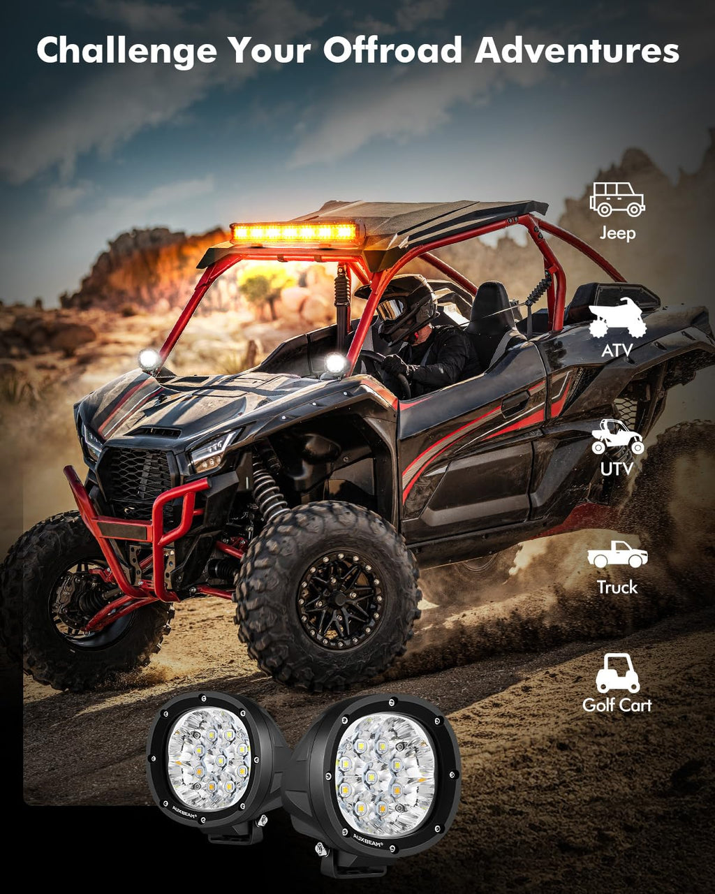 Auxbeam P4 Series Flood Beam LED Pods 4 Inch 90W Round Offroad Fog Lights Driving Flood Light Bar Bumper A-Pillar Hood Mount for Trucks ATV UTV Motorcycle Jeep
