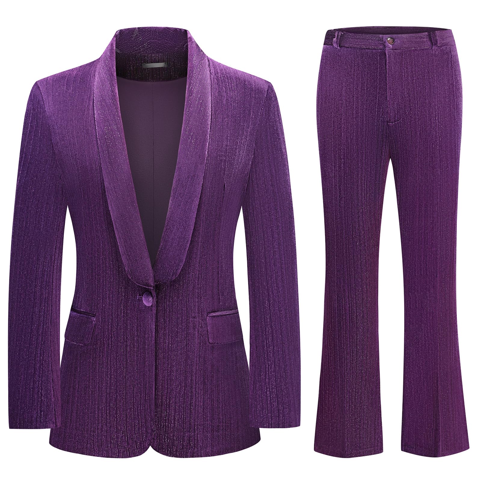 Lamgool Women Pantsuit Dressy Silver Thread Velvet 2 Piece Suit Set Blazer and Flared Pants
