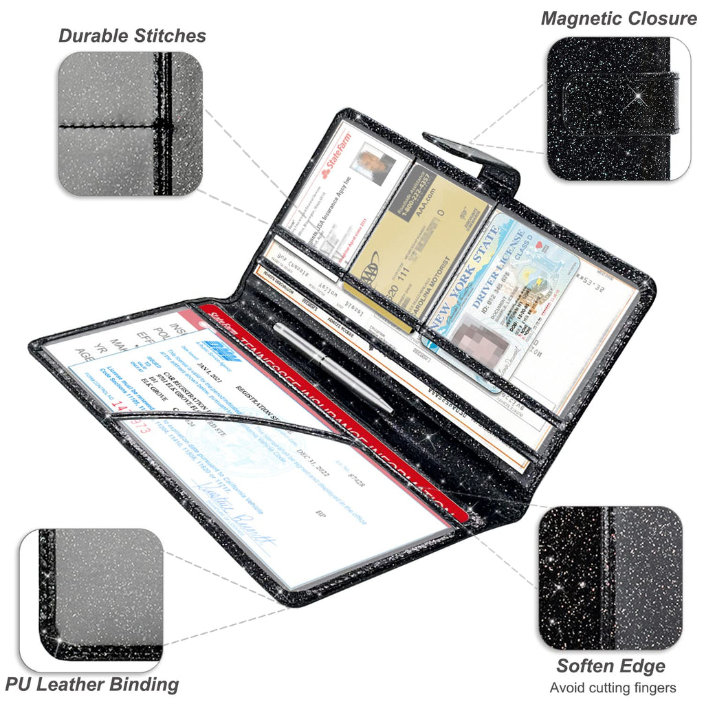 RSAquar Car Registration and Insurance Holder, Vehicle Glove Box Organizer Cool Car Accessories, Auto Truck Document Holder for Cards, Driver License, Black Glitter