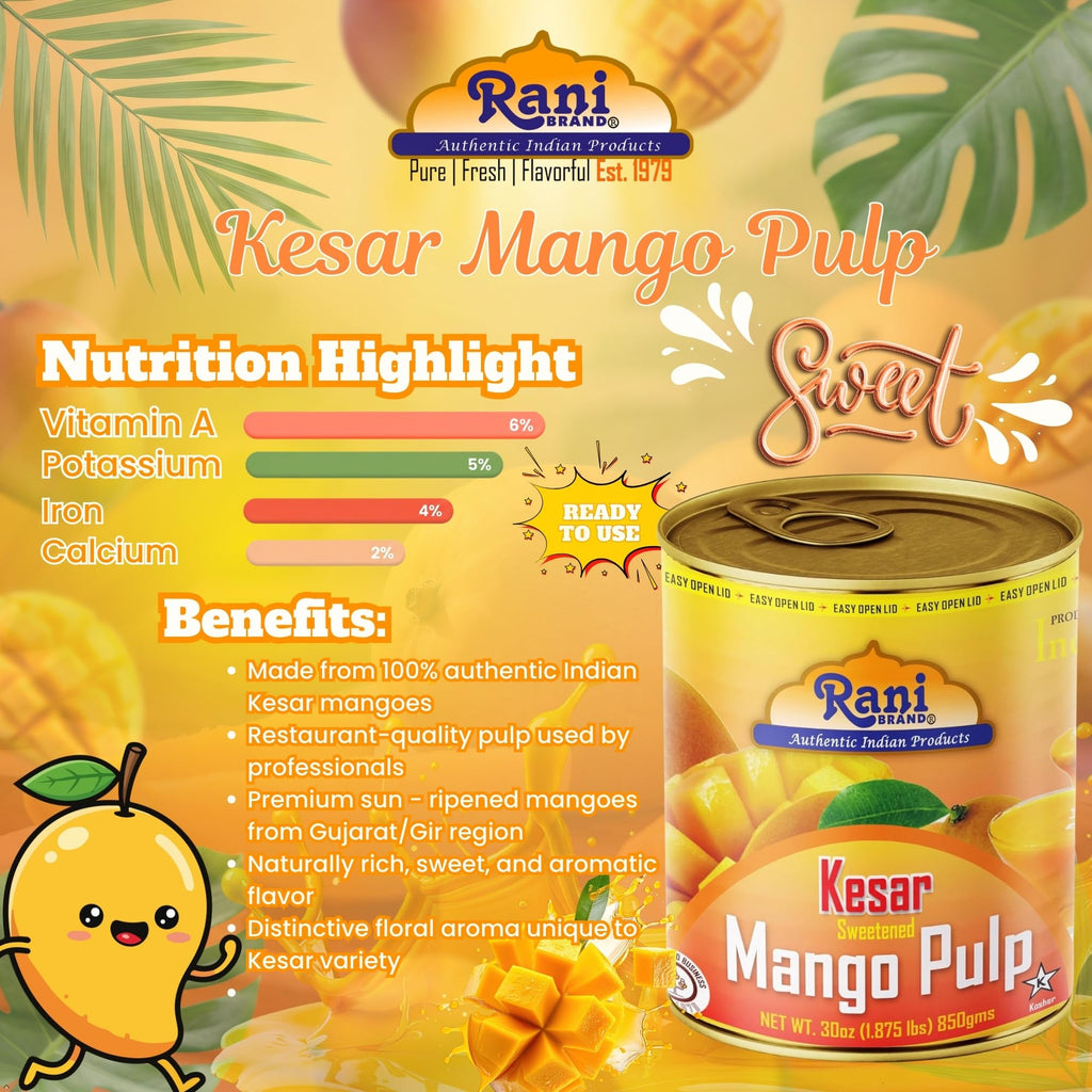 Rani Mango Pulp Puree (Makes Mango Lassi Shakes) Alphonso Sweetened 30oz (1.875lbs) 850g ~ Kosher | All Natural | NON-GMO | Vegan | No colors | Gluten Friendly | Indian Origin