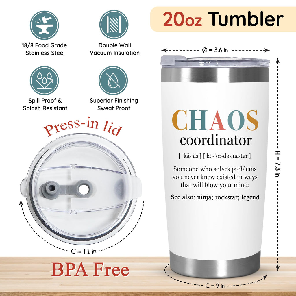 TEEZWONDER Thank You Gifts for Women - Chaos Coordinator 20 oz Stainless Steel Insulated Tumbler with Lid - Employee Appreciation Birthday Gifts for Women Coworkers Boss Teacher Nurse Friend