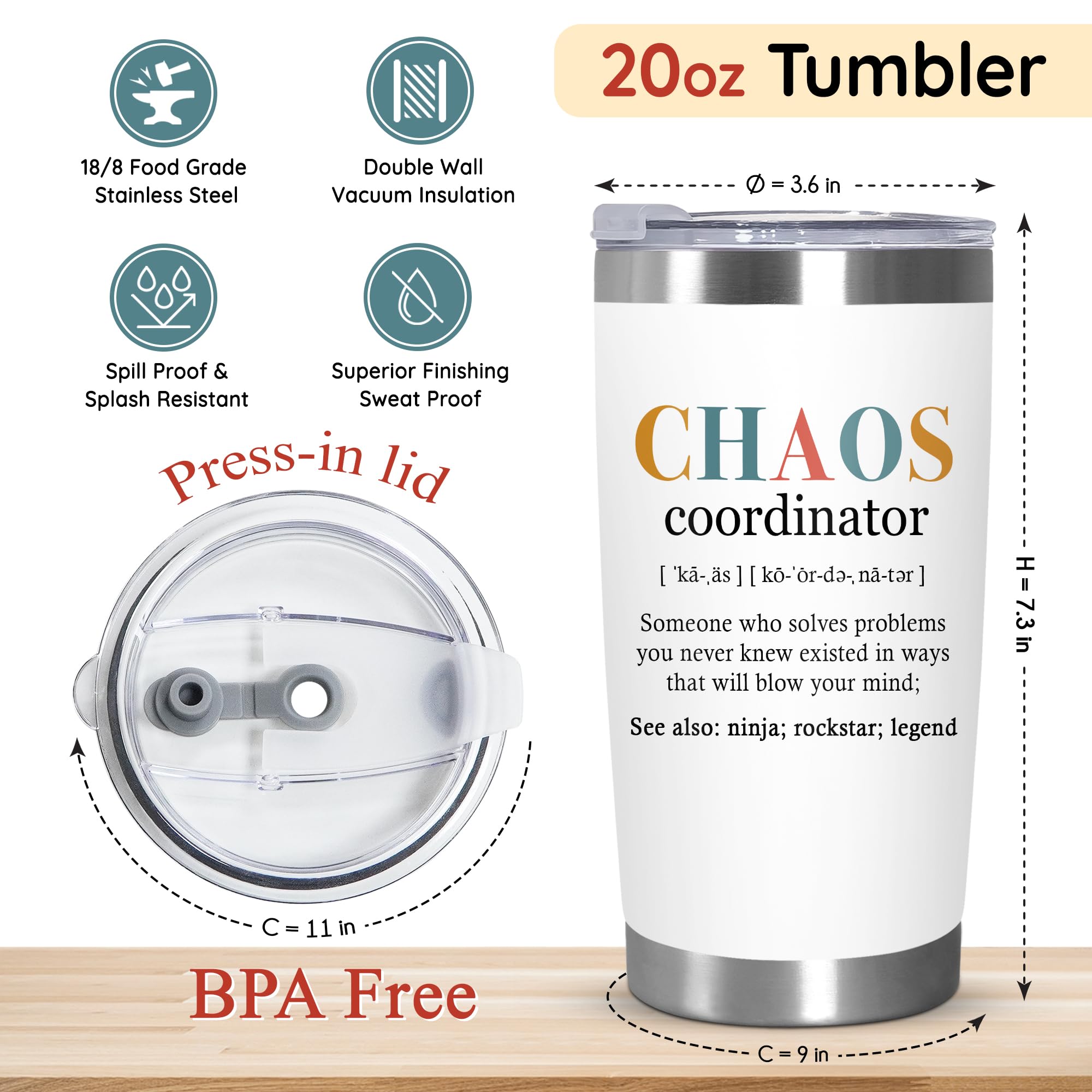 TEEZWONDER Thank You Gifts for Women - Chaos Coordinator 20 oz Stainless Steel Insulated Tumbler with Lid - Employee Appreciation Birthday Gifts for Women Coworkers Boss Teacher Nurse Friend