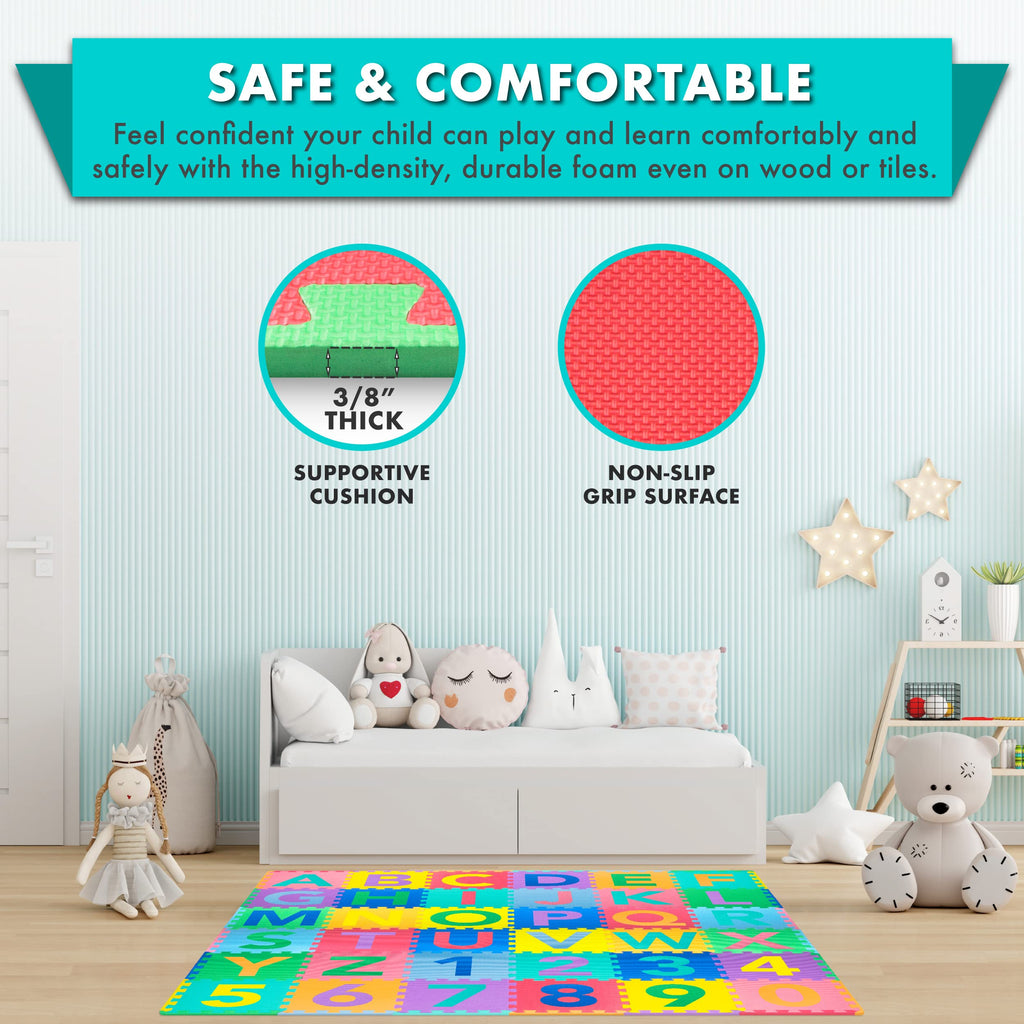 ProSource Kids Foam Puzzle Floor Play Mat with Shapes & Colors 36 Tiles, 12"x12" and 24 Borders