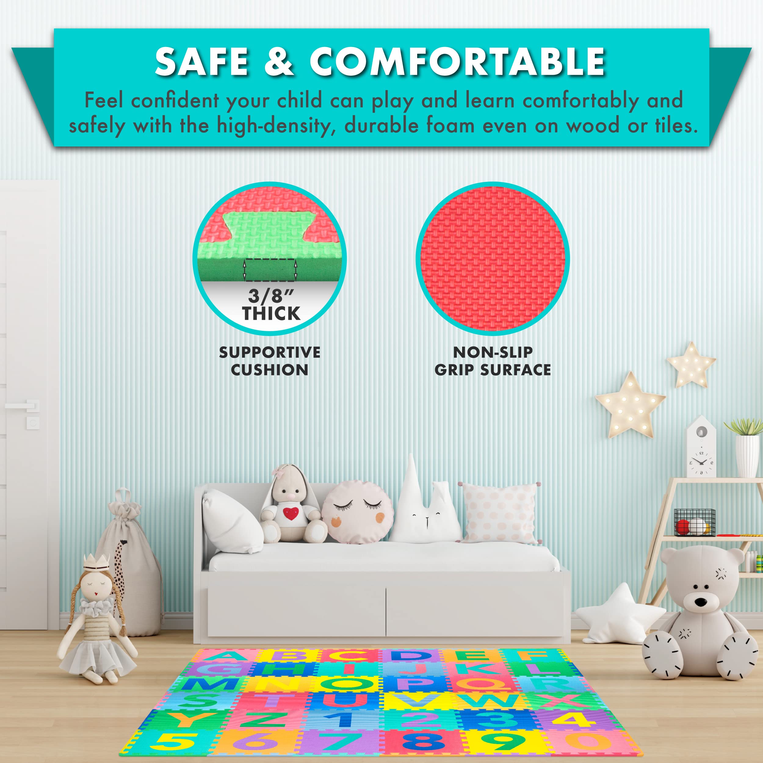 ProSource Kids Foam Puzzle Floor Play Mat with Shapes & Colors 36 Tiles, 12"x12" and 24 Borders