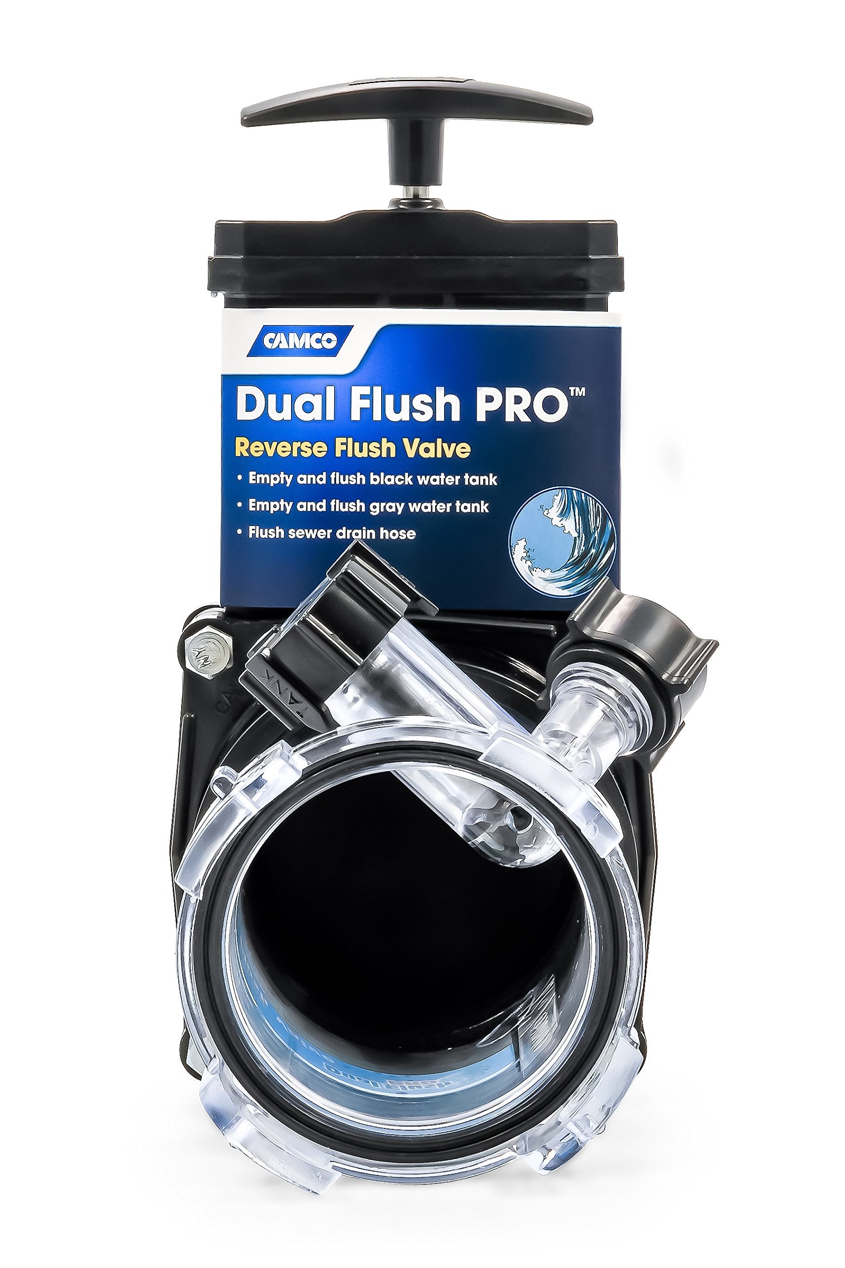 Camco Dual Flush Pro Camper/RV Holding Tank Rinser - Features 3-Inch Gate Valve & Reverse Flush Valve - Empties & Flushes RV Black Water Tanks and RV Sewer Hose (39062)