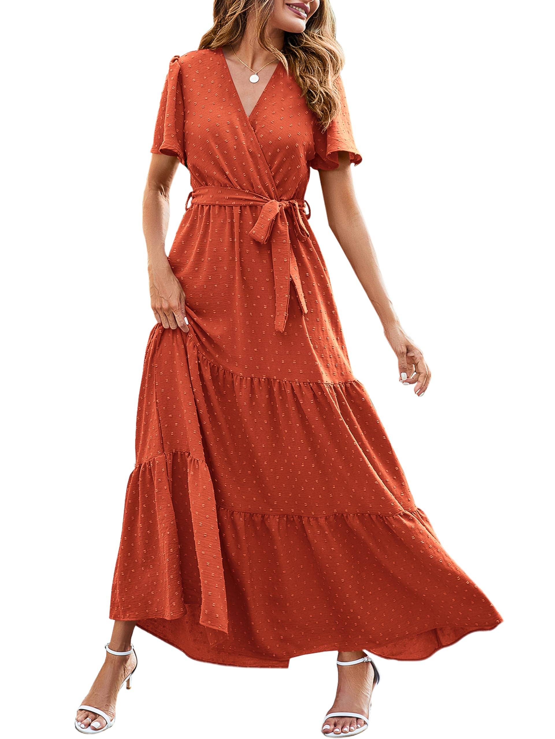 MASCOMODA Womens Summer Swiss Dot Maxi Dresses Wrap V Neck Flutter Short Sleeve Boho Casual Flowy Long Wedding Guest Dress