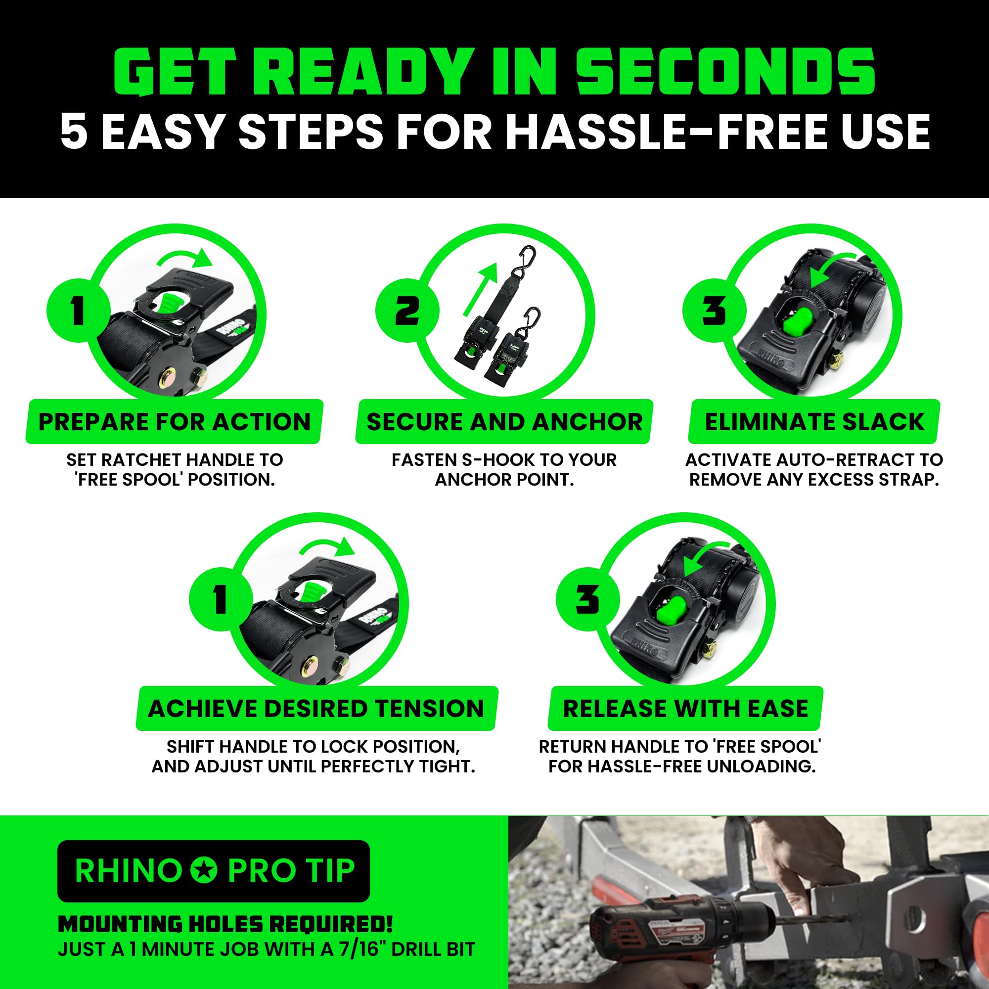 Rhino USA Boat Trailer Straps (2-Pack) - Heavy Duty 2 Inch x 48 Inch Boat Tie Down Straps to Trailer - Ultimate Adjustable Transom Tie Down Straps for Trailering Safety with Boat, Jet Ski, & More!