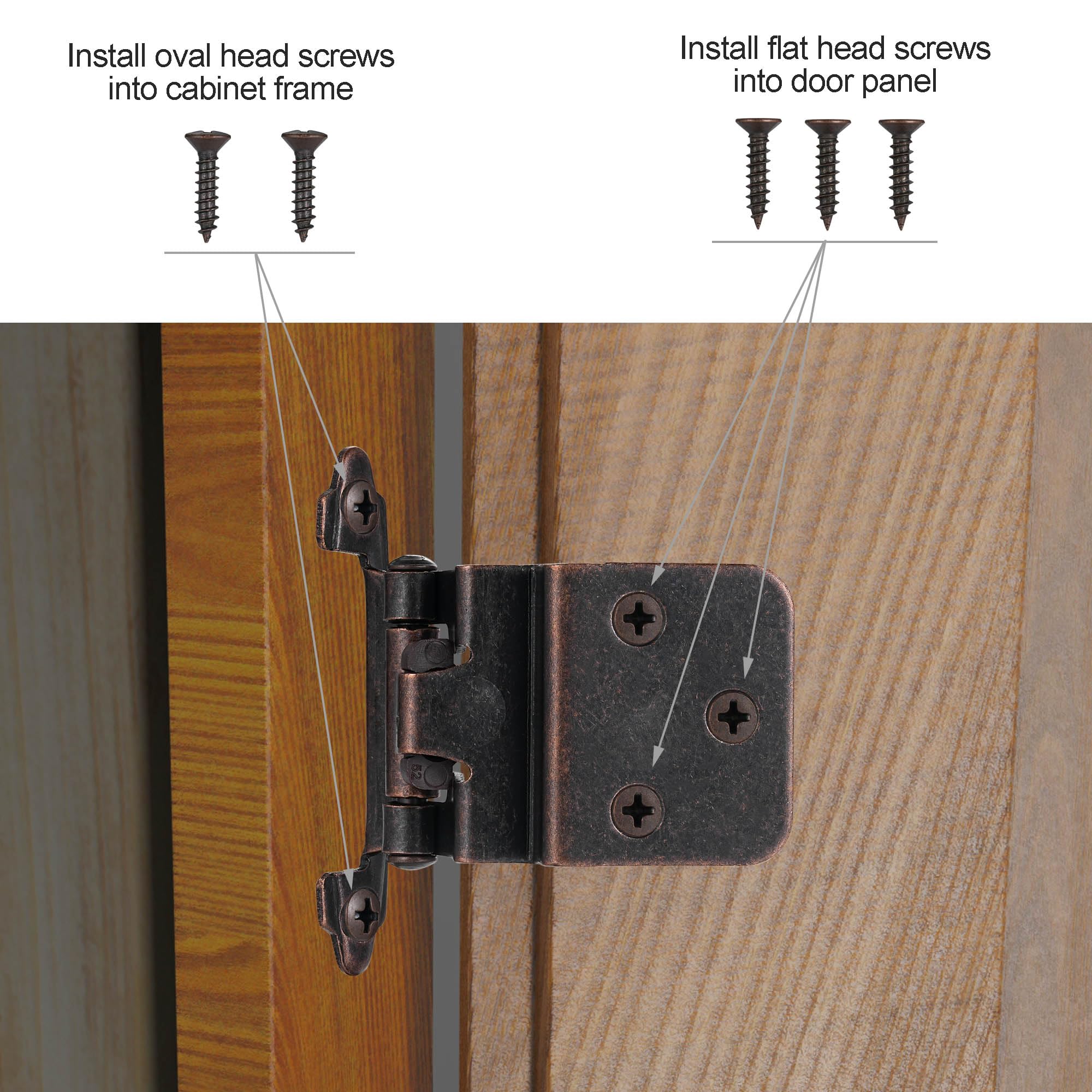 4 Pack (2 Pairs) Antique Brass Self Closing Cabinet Hinges for Kitchen Cabinet Door, 1/2" Overlay (Variable) Semi Concealed Kitchen Cabinet Hinges