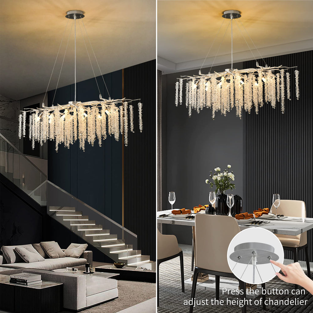 Modern Crystal Raindrop Chandelier, L40'' Black Linear Rectangle Art Deco Tree Branch Lighting Fixture for Kitchen Island Living Room Foyer Staircase 10 Lights