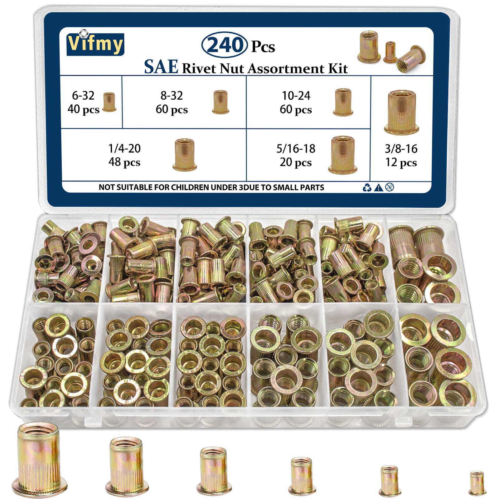 1/2''-13 UNC Rivet Nut, 10Pcs 304 Stainless Steel Flat Head Rivnut Threaded Insert Nutsert