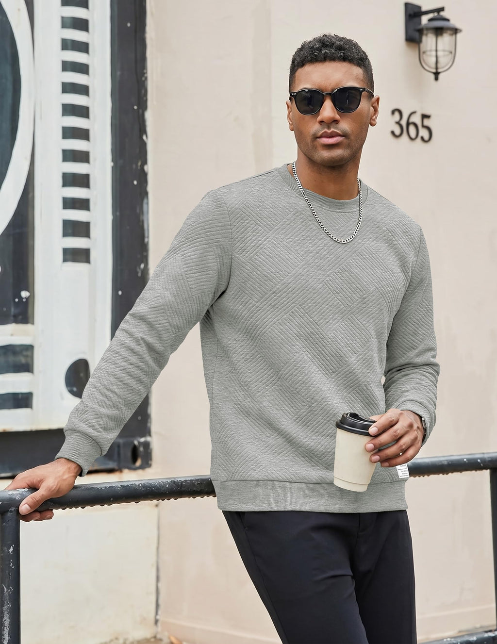 Dokotoo Men Men's Crewneck Sweatshirts Soild Color Geometric Texture Long Sleeve Casual Pullover Shirt