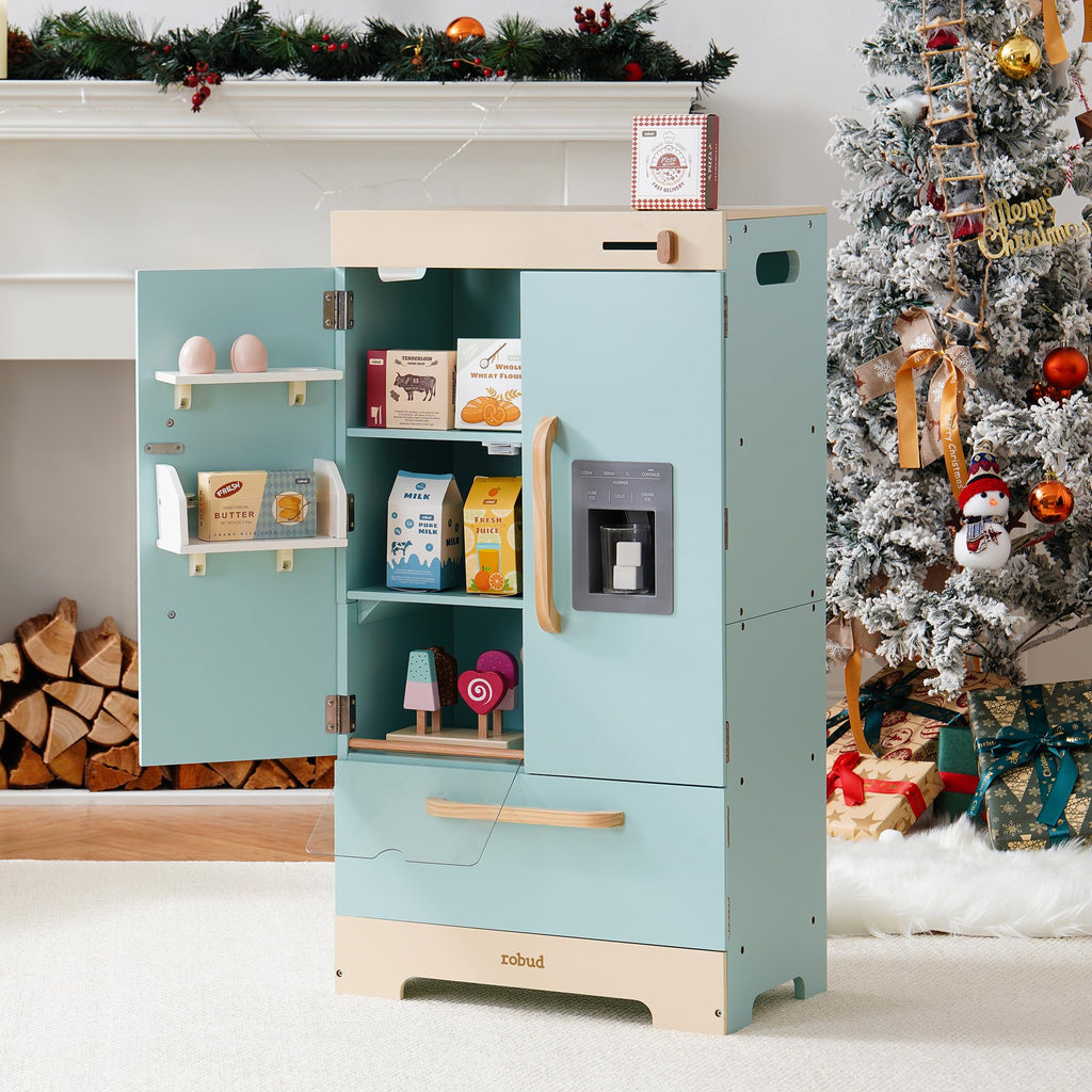 ROBUD Wooden Play Kitchen Fridge, Toy Kitchen Refrigerator, Kids Fridge Freezer Set with Ice Maker, Kitchen Playset Gift for Kids & Toddlers, Age 3+ (Caramel)