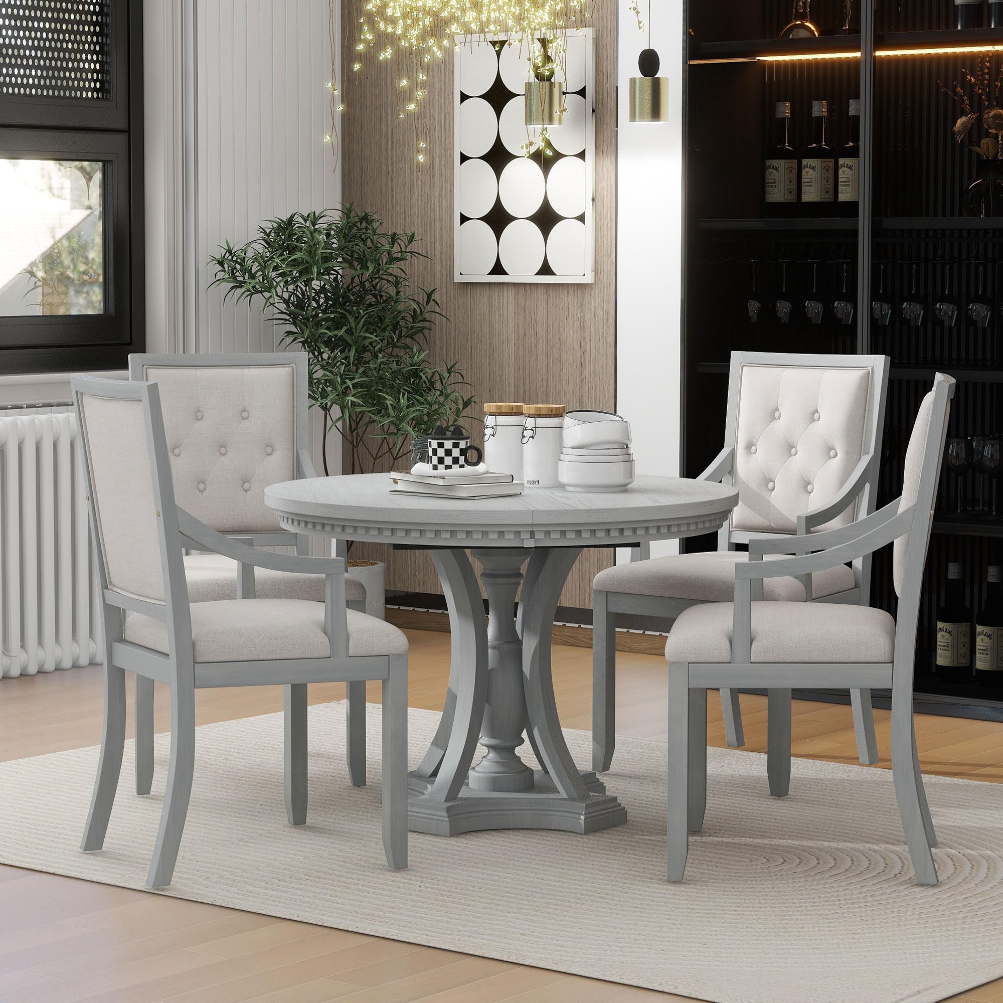 LUMISOL 5-Piece Dining Table Set for 4, Farmhouse Round Kitchen Table Set with Special Shaped Legs and 4 Upholstered Chairs for Kitchen, Dining Room, Small Space, Antique Blue