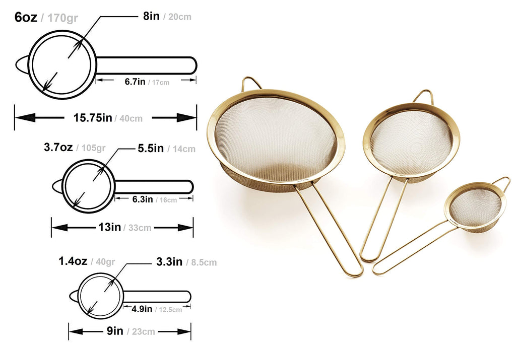 Strainer Set Fine Mesh – Premium 304 Stainless Steel (18/8) – 8″, 5.5″ and 3.3″ Sturdy Kitchen Strainers (Copper)