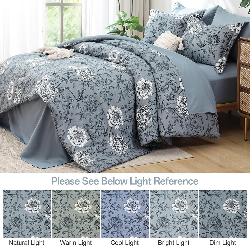 Yiran 7 Pieces Bed in a Bag Blue Floral Comforter Set Queen Size Flowers Comforter Set Soft Microfiber Bedding Set (1 Comforter 1 Flat Sheet 1 Fitted Sheet 2 Pillowshams 2 Pillowcases)