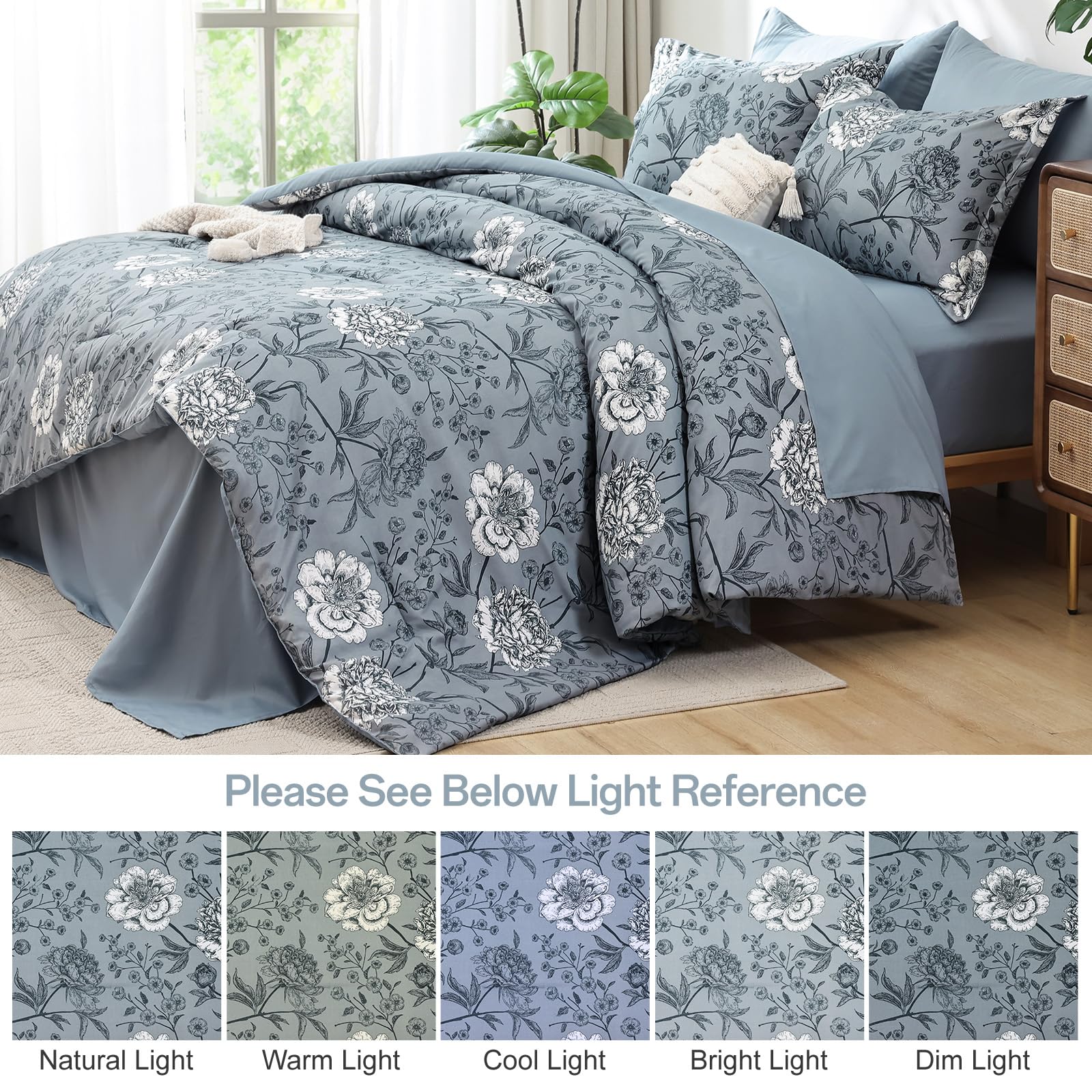 Yiran 7 Pieces Bed in a Bag Blue Floral Comforter Set Queen Size Flowers Comforter Set Soft Microfiber Bedding Set (1 Comforter 1 Flat Sheet 1 Fitted Sheet 2 Pillowshams 2 Pillowcases)