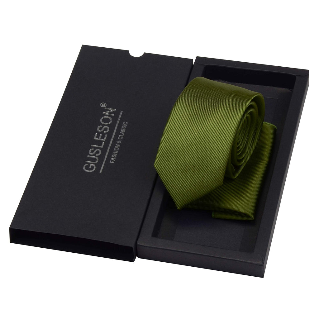 GUSLESON 2.4" Slim Necktie and Handkerchief Set For Men Solid Skinny Tie Set