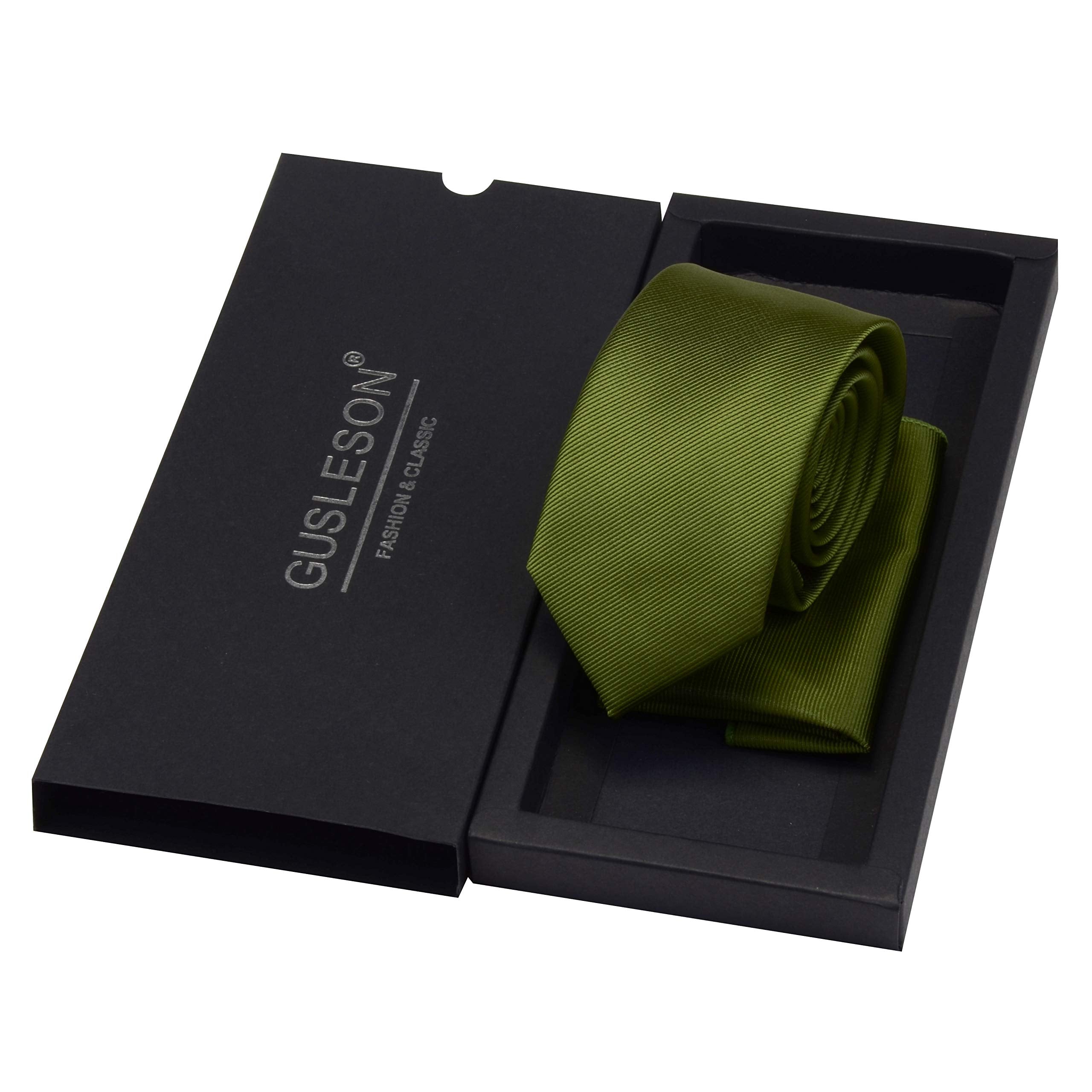 GUSLESON 2.4" Slim Necktie and Handkerchief Set For Men Solid Skinny Tie Set