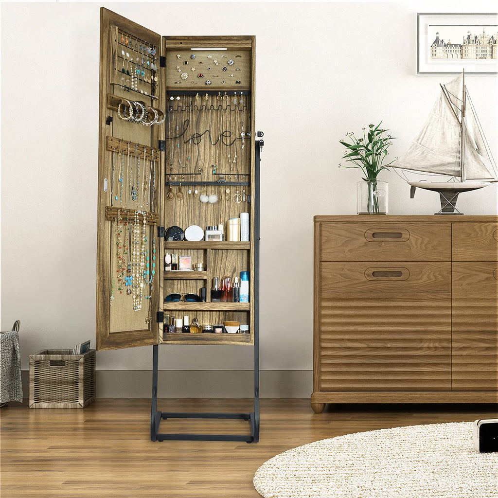 SRIWATANA Jewelry Armoire Cabinet, Solid Wood Standing Jewelry Organizer with Full Length Mirror (Carbonized Black)