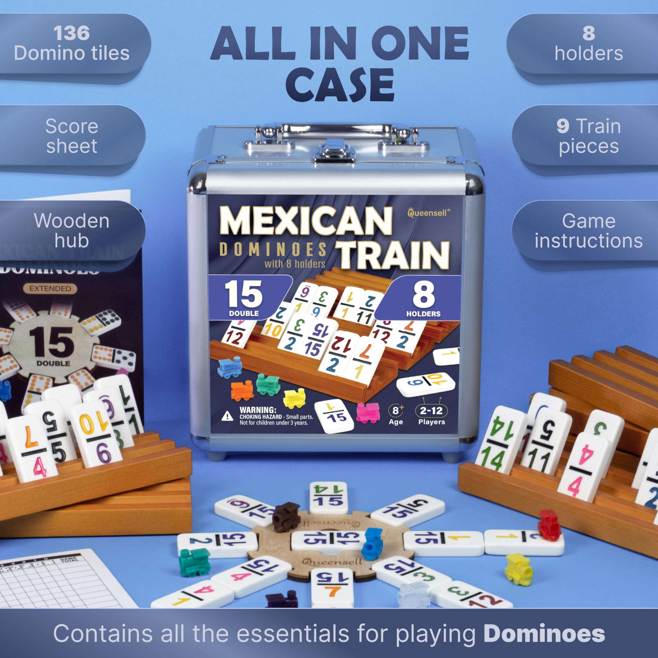 Queensell Mexican Train Dominoes Set Double 15 for Adults and Family, Mexican Train Double 15 Dominoes Set Colored Dot - 136 Tiles, 9 Trains, Wooden Hub, Aluminum Case (Double 15)