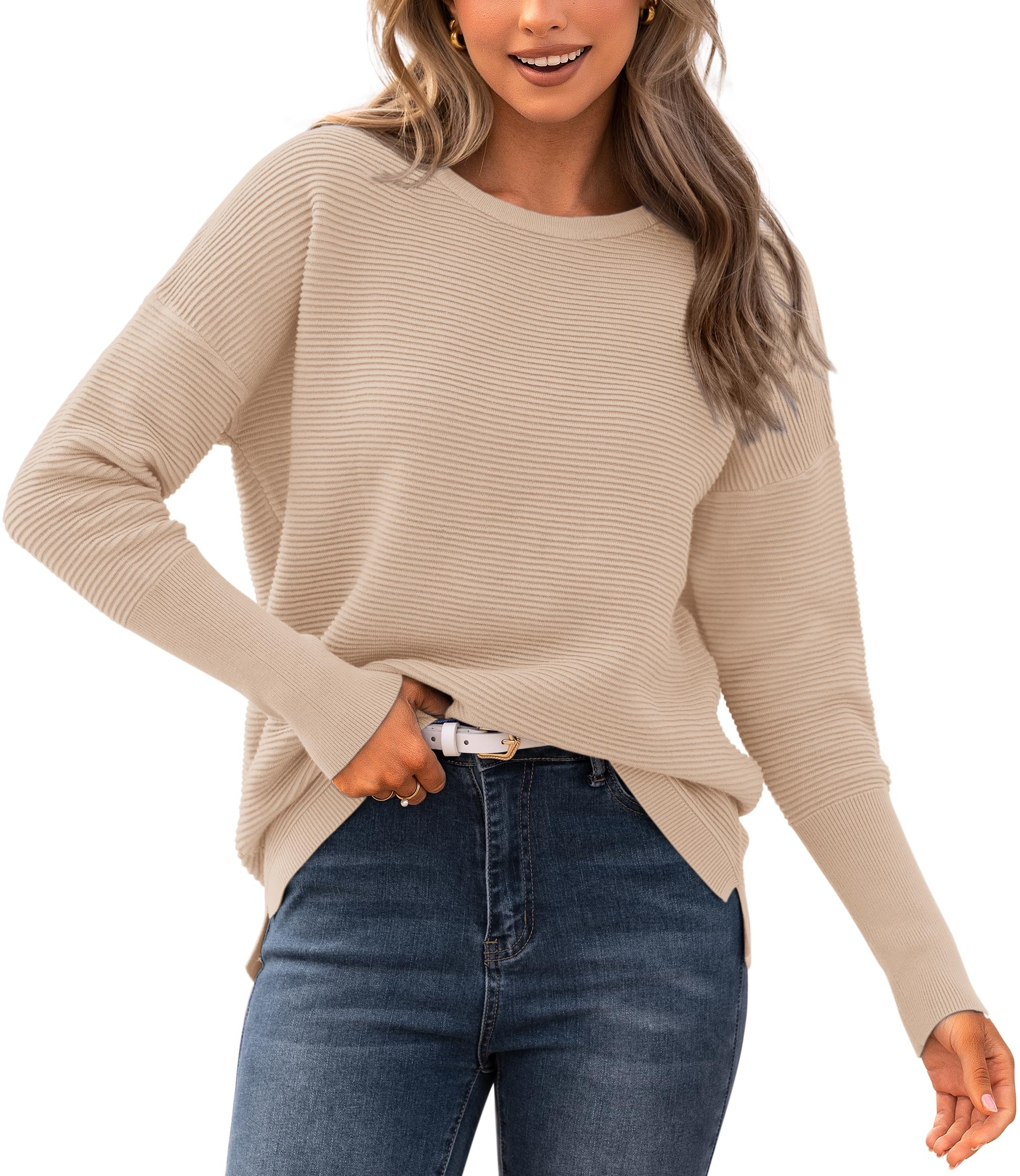 BTFBM Fall Sweaters for Women 2026 Casual Long Sleeve Sweater Striped Loose Fit Pullover Tops