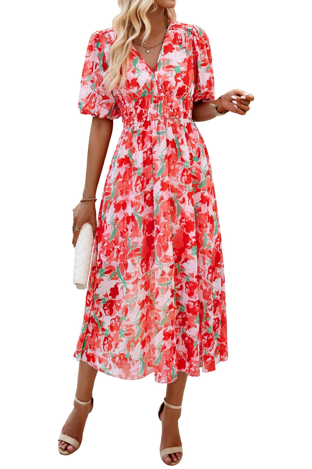 UEAL Womens Floral Flowy Wrap V Neck Midi Dress Short Sleeve Elastic Waist Casual Spring Summer Dresses for Women 2025