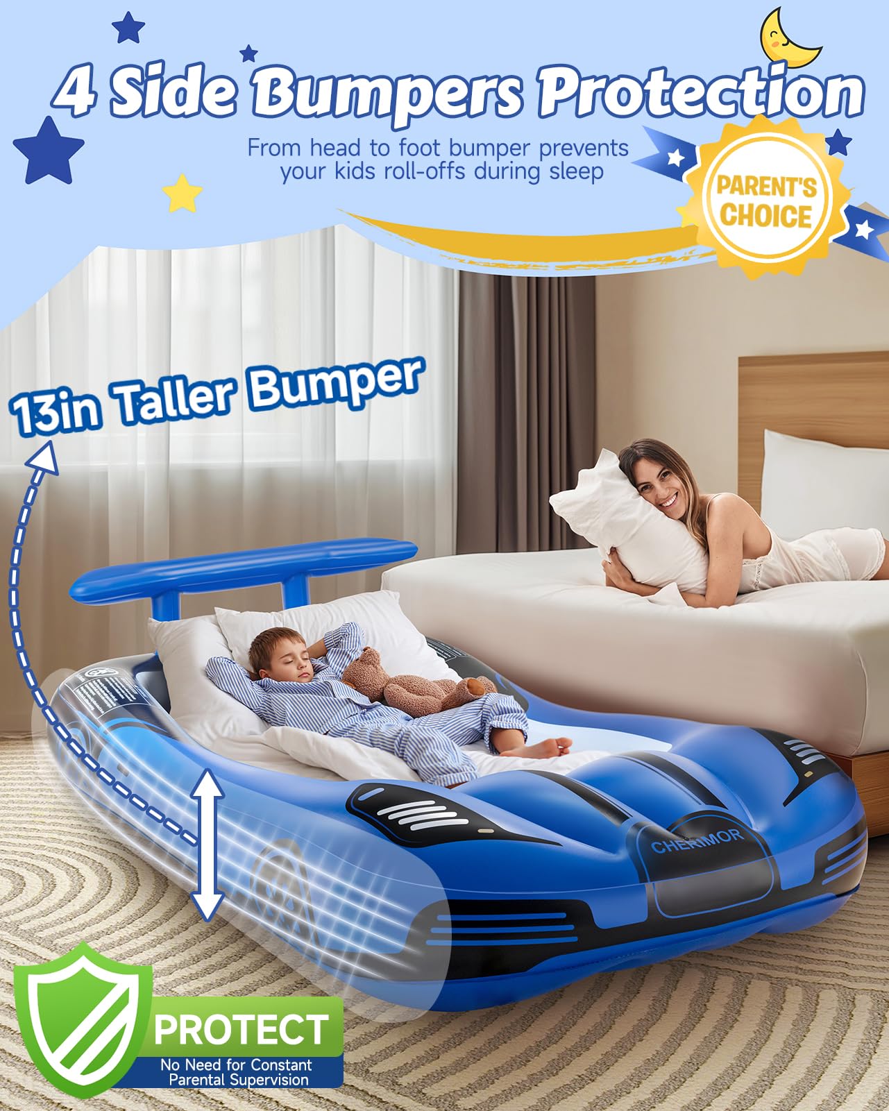 CHERIMOR Inflatable Toddler Travel Bed with Safety Bumpers & 2 Mins Auto Inflation Pump, Portable Toddler Kids Air Mattress with Carry Bag for Home Grandma's Sleepovers Travel Camping, 330lbs Support