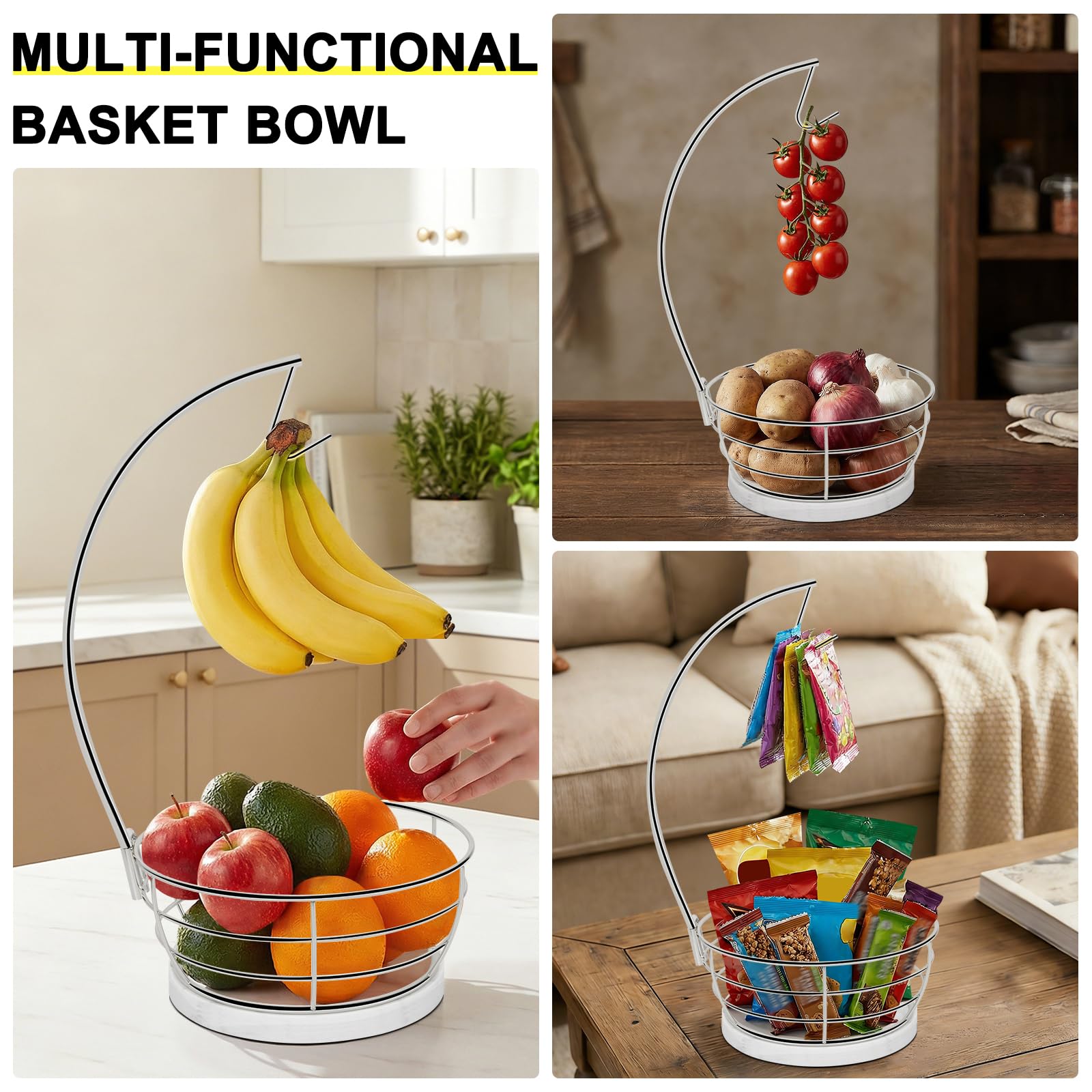 Livabber Countertop Fruit Basket Bowl with Banana Hanger, Modern Standing Fruit Vegetable Bowl Storage, with Banana Tree Holder for Kitchen Dinning Table (Round Marble, Black)