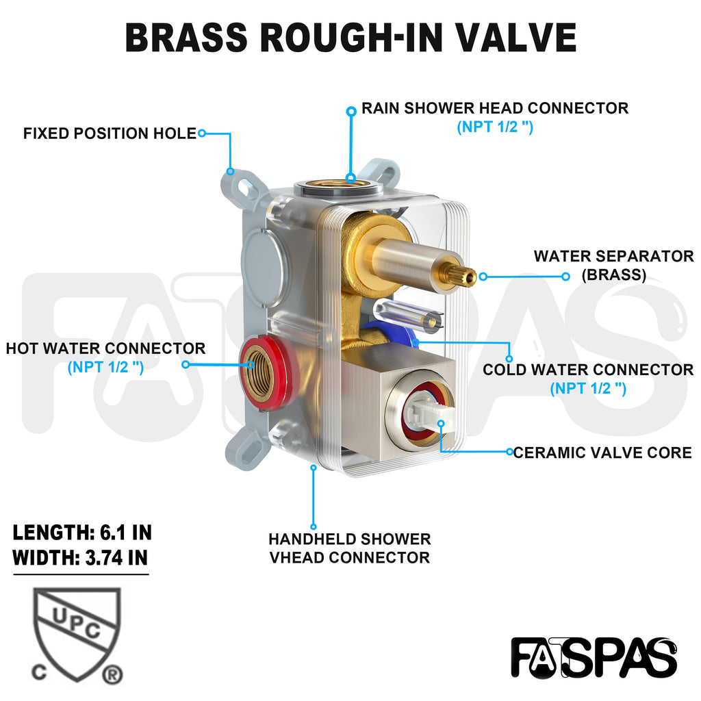 Brushed Gold Shower System with 10-Inch Rain Showerhead and Tub Spout | cUPC-certified pressure balance brass valve to prevent scalding, CEC-certified air injection technology for low pressure