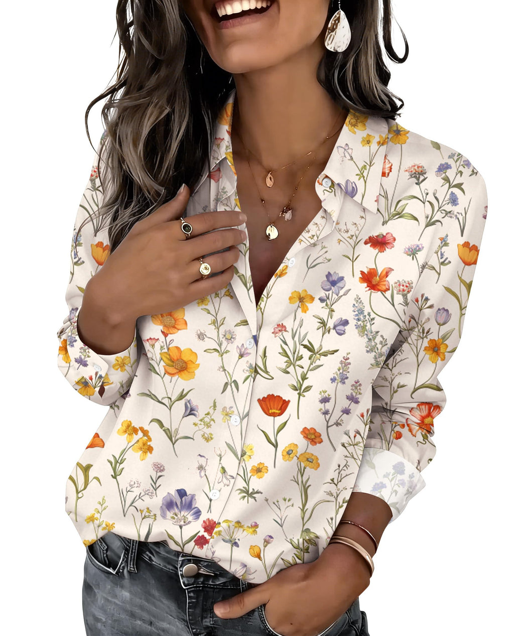 Zeagoo Button Down Shirts for Women Dressy Floral Printed Long Sleeve Blouse Business Casual Work Tops