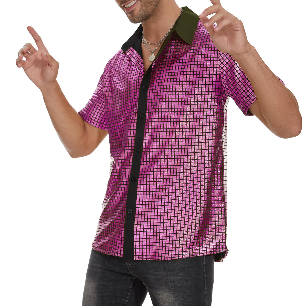 Zando Men's Sequin 70s 80s Disco Shirt - Retro Short Sleeve Button Up Costume Halloween New Year Party Outfit Top & Clubwear