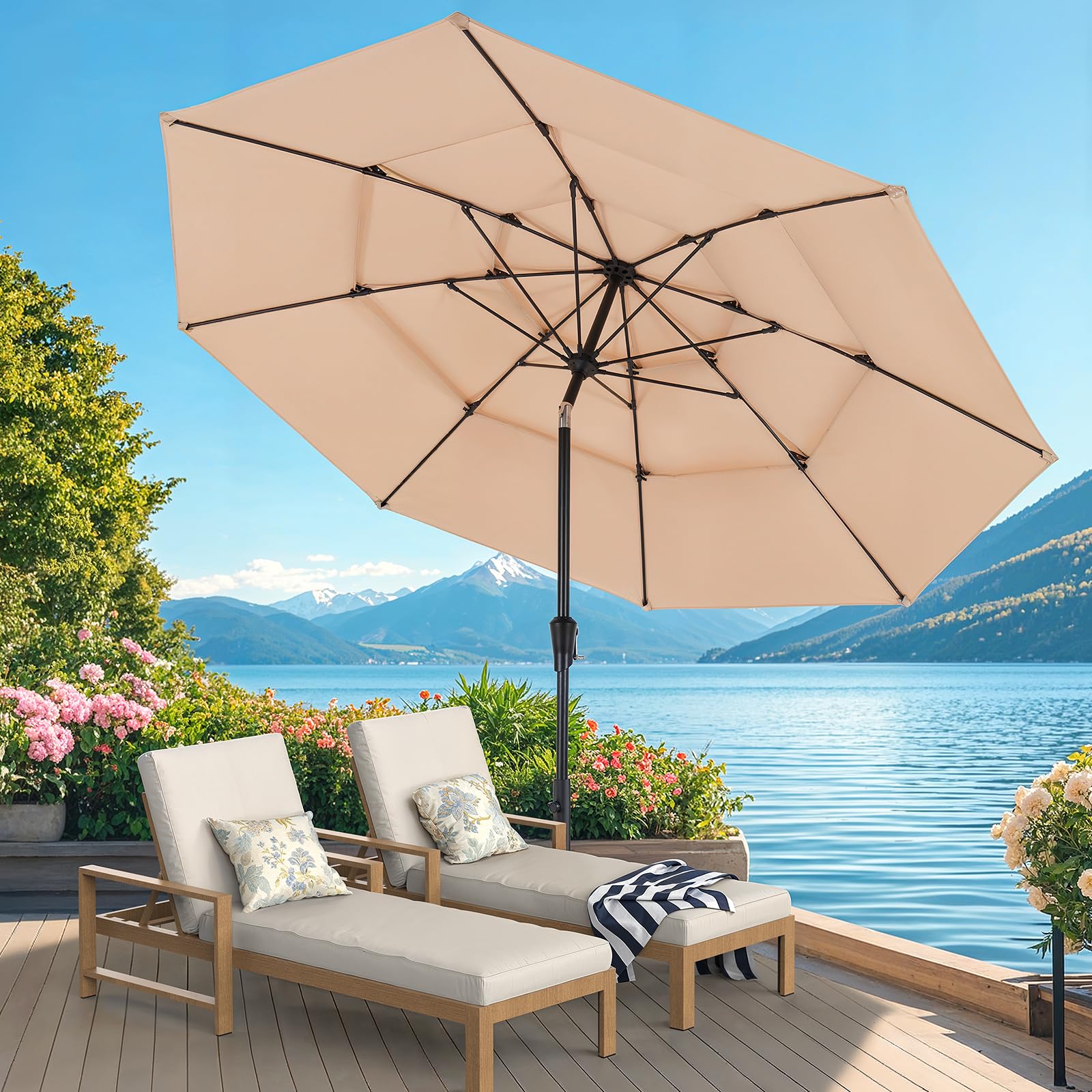 ONBRILL 10 FT Patio Umbrella, 3 Tier Outdoor Table Umbrella with 8 Sturdy Glass Fiber Ribs and Push Button Tilt, Outdoor Patio Umbrellas for Market Pool Garden Backyard, 1.5" Pole, Blue (No Base)