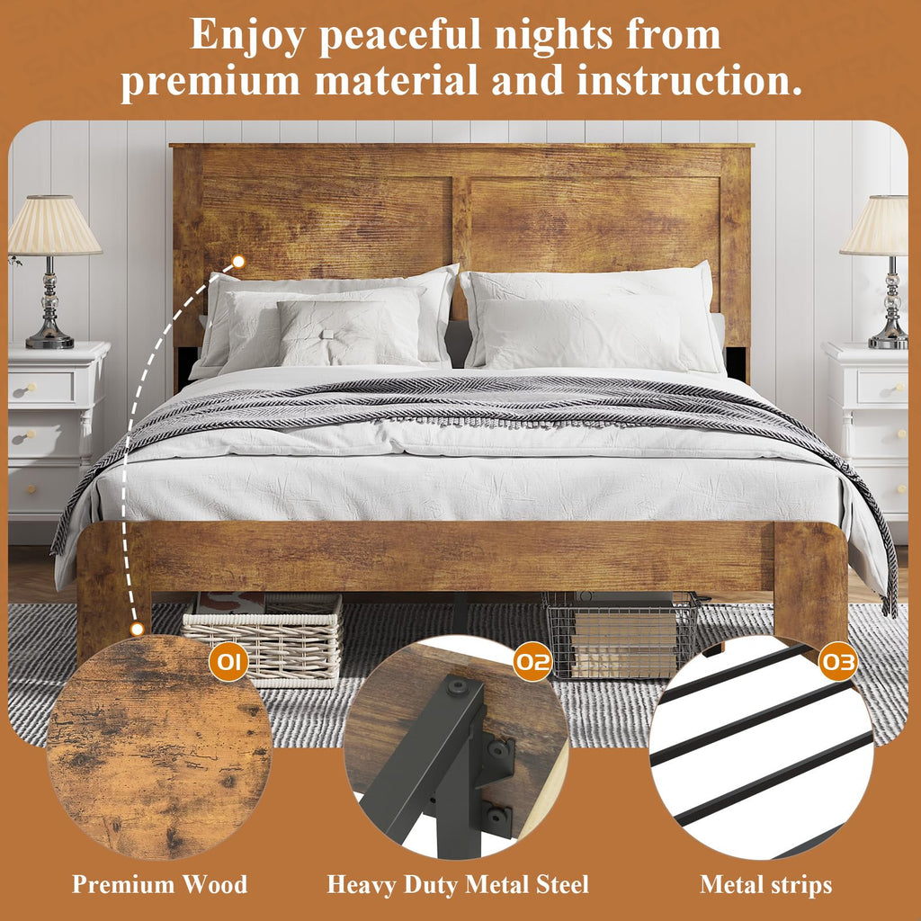 Wooden Bed Frame Full Size with Headboard, Farmhouse Platform Bedframe with Wood Slat Support, Sturdy Framework Bed Frame, Easy Assembly (Rustic Black)