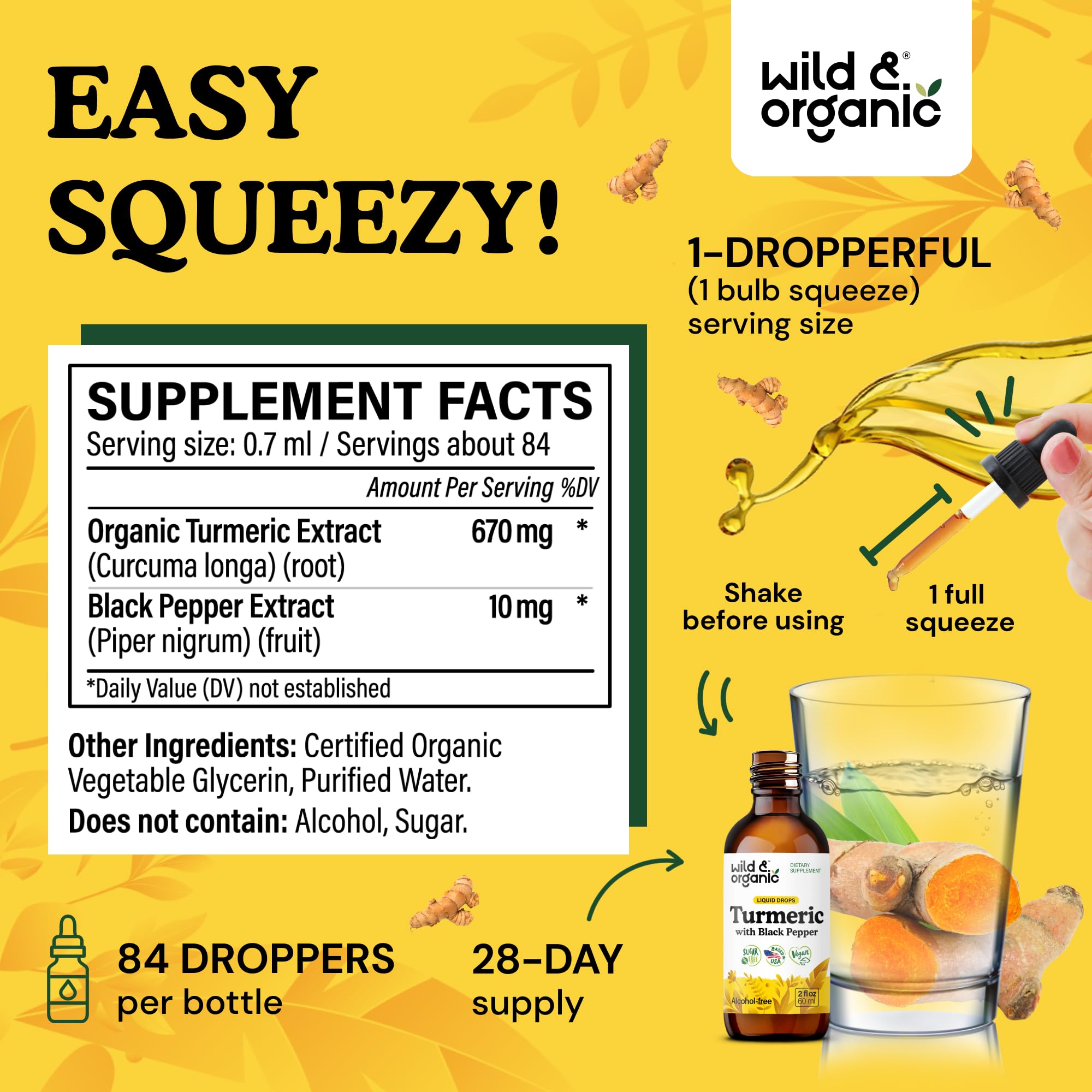 Wild & Organic Turmeric Curcumin Supplement with Black Pepper - Movement & Immune Support - Liquid Turmeric Curcumin with Black Pepper - Add to Tea Drops - Vegan, Sugar & Alcohol-Free Tincture - 2 oz