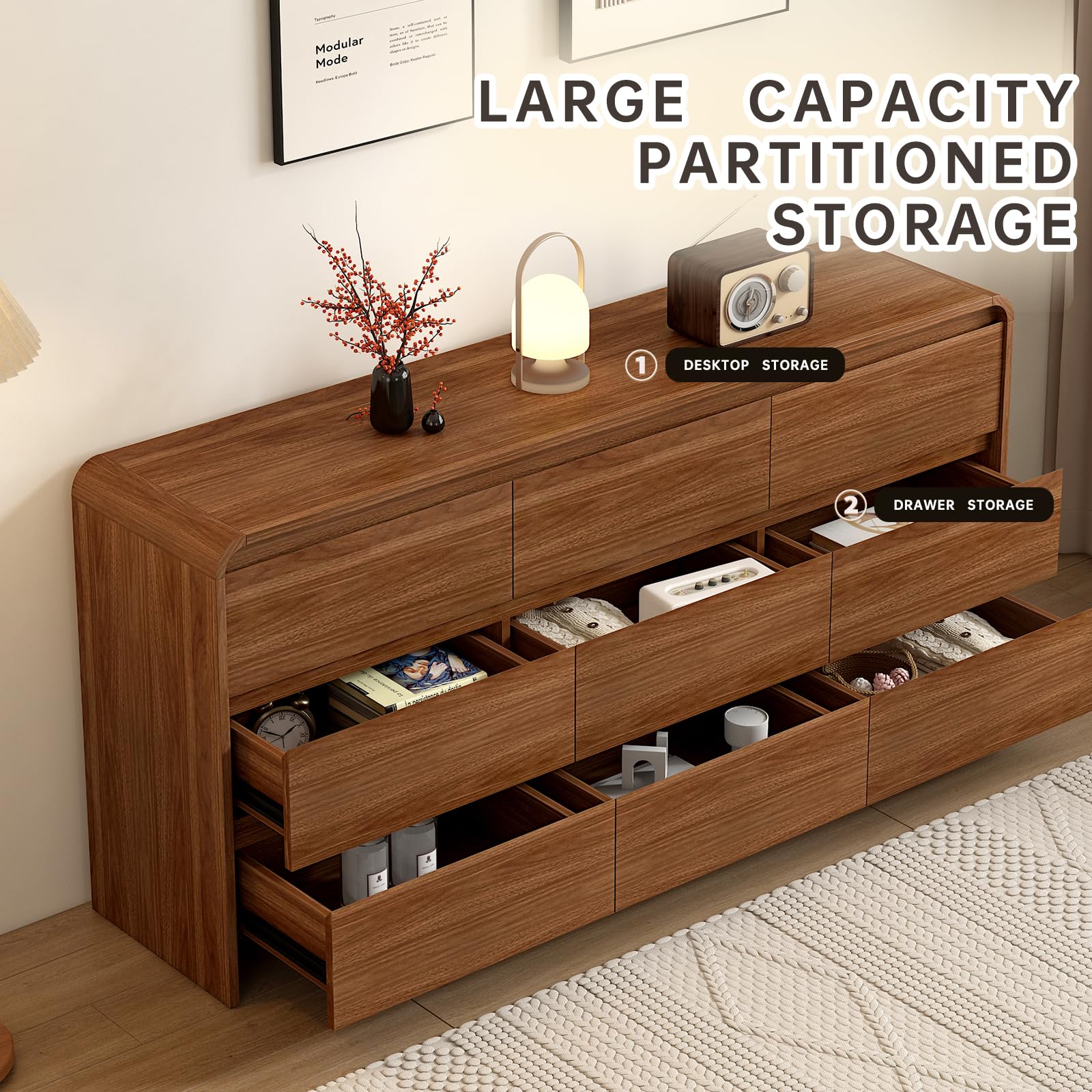 Messenya Modern 6 Drawer Dresser, 47-Inch Wood Chest of Drawers, Curved Anti-Collision Design, Mid-Century Storage Cabinet, Pre-Embedded Slots, for Bedroom, Living Room, TV Stand, Nursery