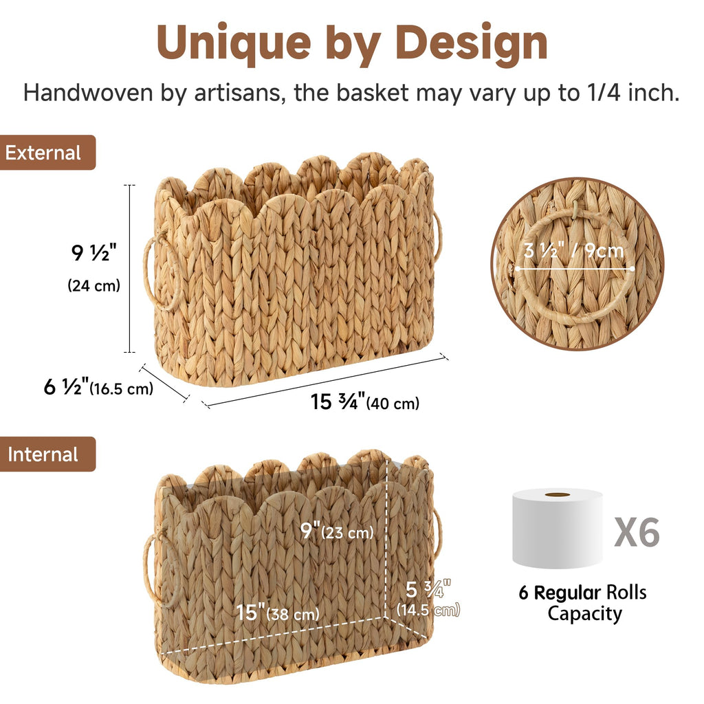 StorageWorks Bathroom Toilet Paper Storage Holder with Lid, Wicker Toilet Paper Basket for 6 Regular Rolls, Slim Basket Organizer with Handles, Water Hyacinth Storage Baskets for Bathroom, Brown