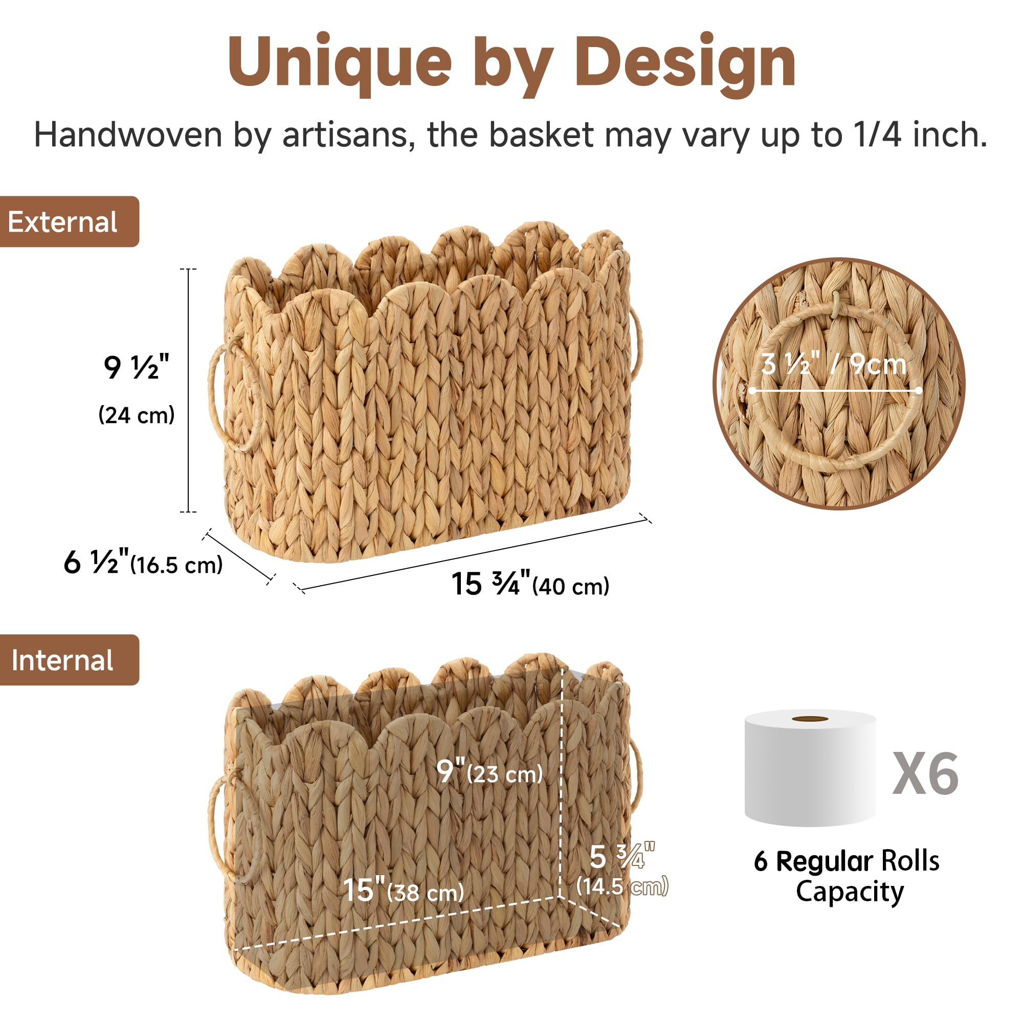 StorageWorks Bathroom Toilet Paper Storage Holder with Lid, Wicker Toilet Paper Basket for 6 Regular Rolls, Slim Basket Organizer with Handles, Water Hyacinth Storage Baskets for Bathroom, Brown