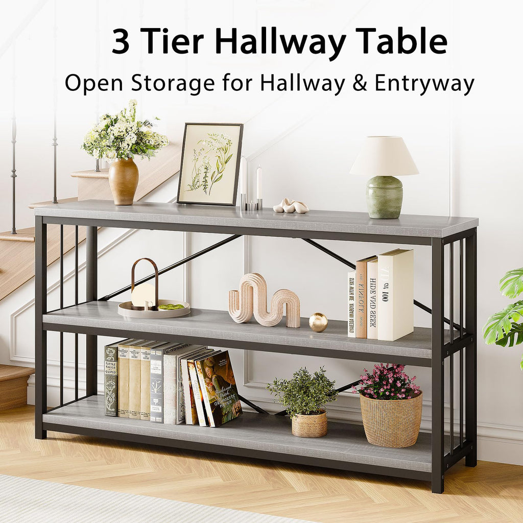 LVB Black Console Table, Modern Entryway Table for Hallway Living Room, Industrial Sofa Table Behind Couch, Farmhouse Wooden Metal Entry Table for Foyer with 3-Tier Storage Shelves, Black Oak, 55 Inch