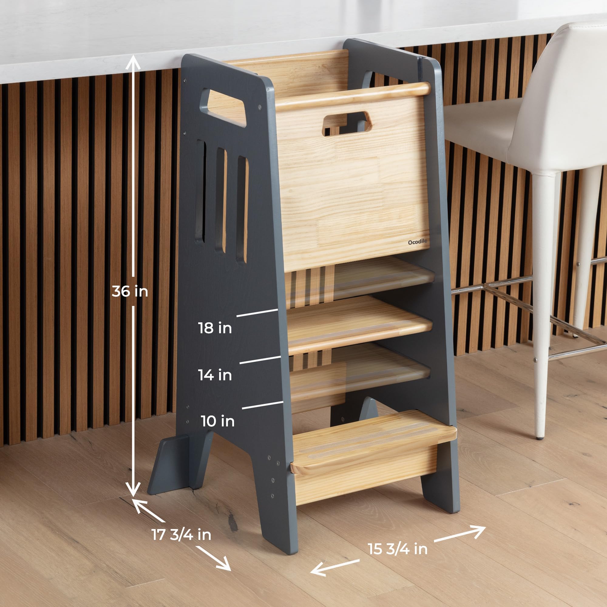 OCODILE Toddler Tower with a Sliding Door and 3 Adjustable Heights - Safe Toddler Kitchen Step Helper with Support Feet - Updated Design for 18+ Months to 6-Year-Old Kids - Gray