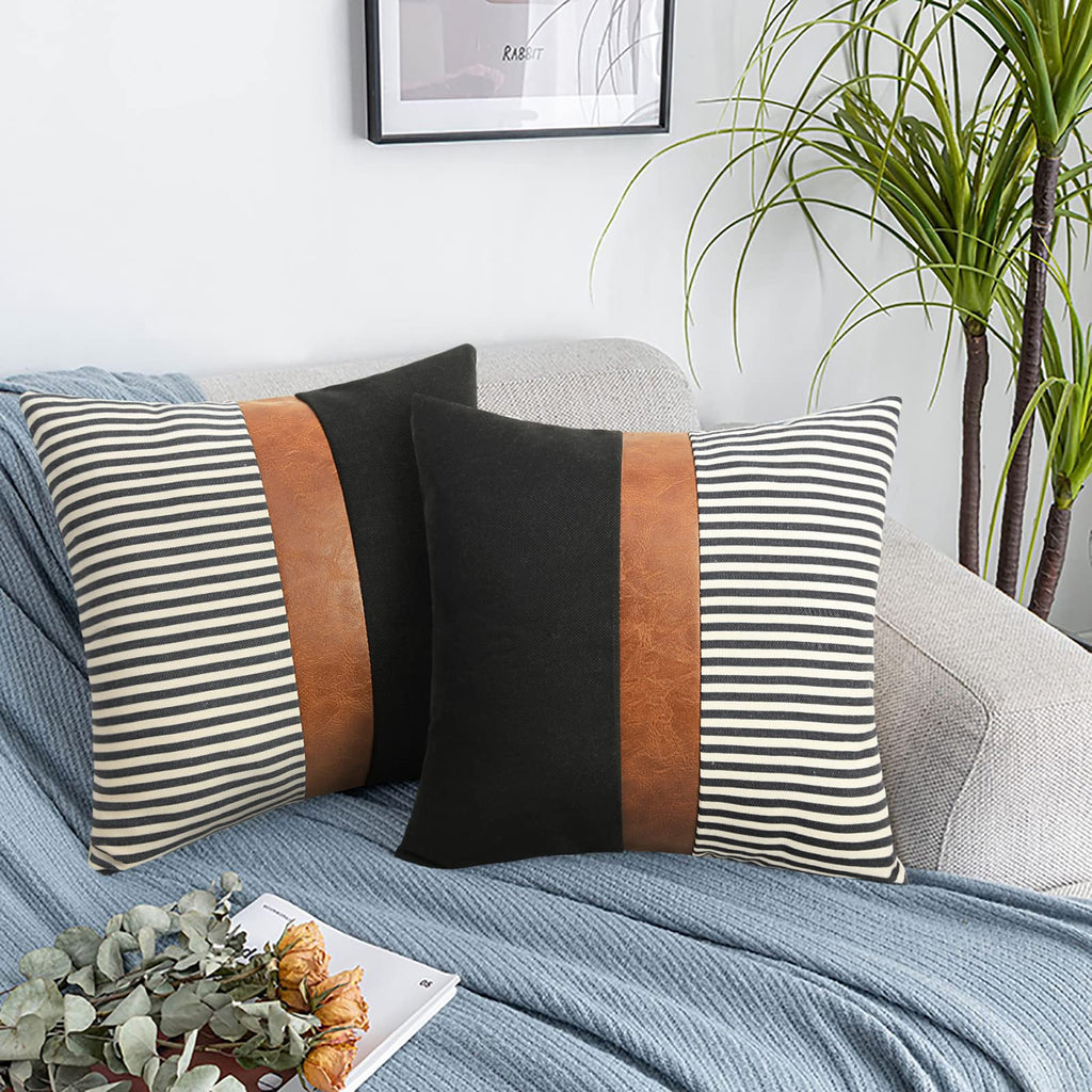 16x16 inch Pillow Covers Set of 2 Farmhouse Decor Stripe Patchwork Linen Throw Pillow Covers Modern Faux Leather Covers for Couch Sofa,Black