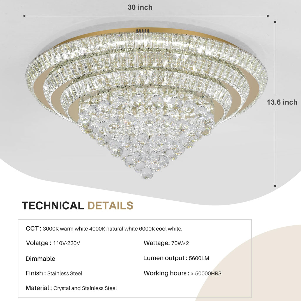 COCOSTAR 20" Gold Crystal Chandeliers, Flush Mount Chandelier LED Ceiling Light, Modern Crystal Raindrop Chandeliers for Dining Room, Living Room, Bedroom